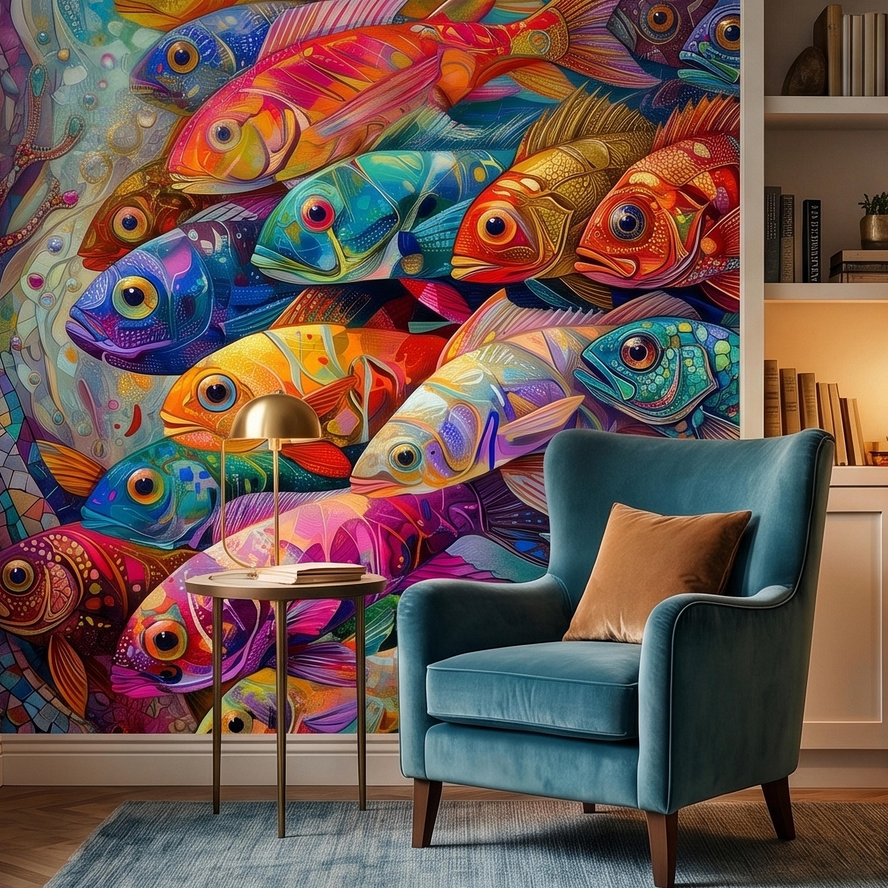Colorful Tropical Fish Underwater Reef Peel and Stick Wall Mural, Vibrant Ocean Sea Life Illustration Collage, Nautical Coastal Wallpaper