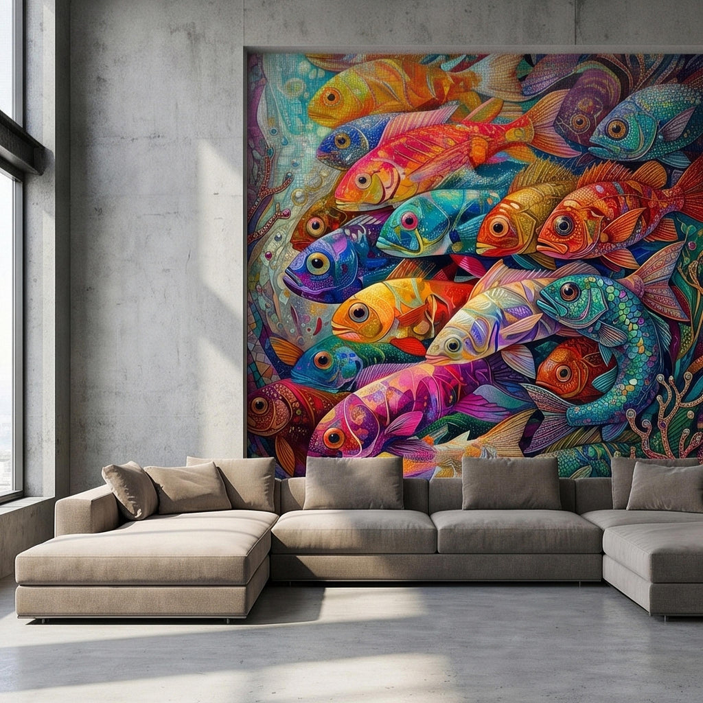 Colorful Tropical Fish Underwater Reef Peel and Stick Wall Mural, Vibrant Ocean Sea Life Illustration Collage, Nautical Coastal Wallpaper