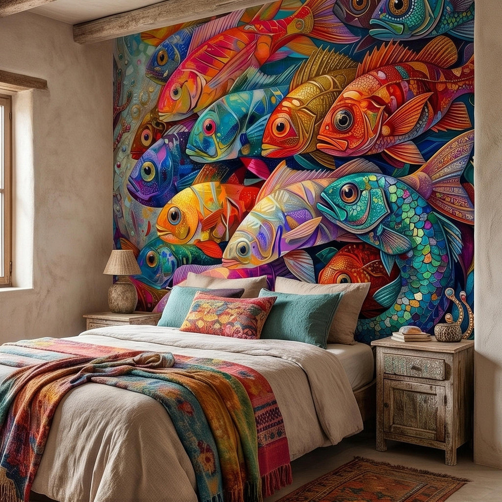 Colorful Tropical Fish Underwater Reef Peel and Stick Wall Mural, Vibrant Ocean Sea Life Illustration Collage, Nautical Coastal Wallpaper