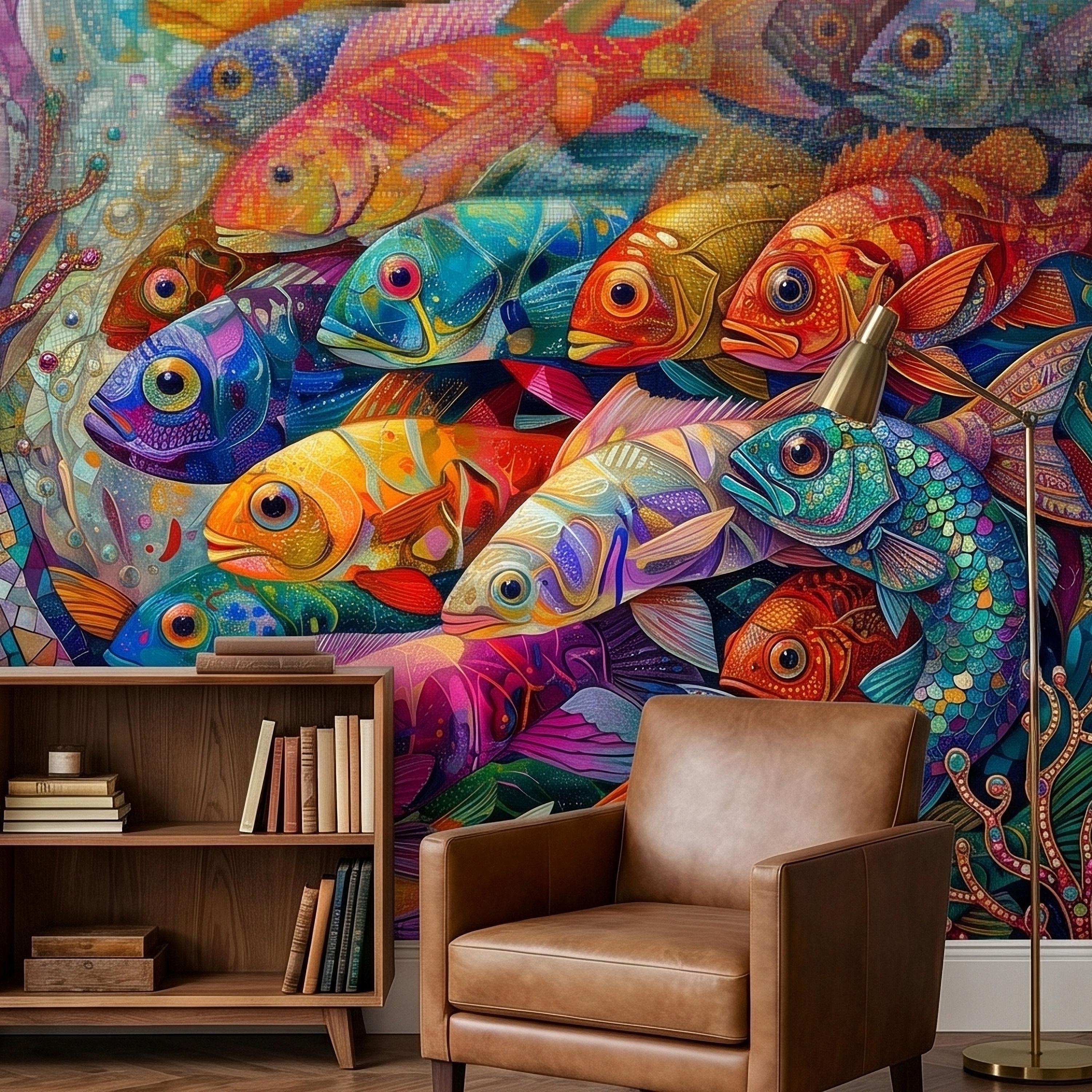 Colorful Tropical Fish Underwater Reef Peel and Stick Wall Mural, Vibrant Ocean Sea Life Illustration Collage, Nautical Coastal Wallpaper