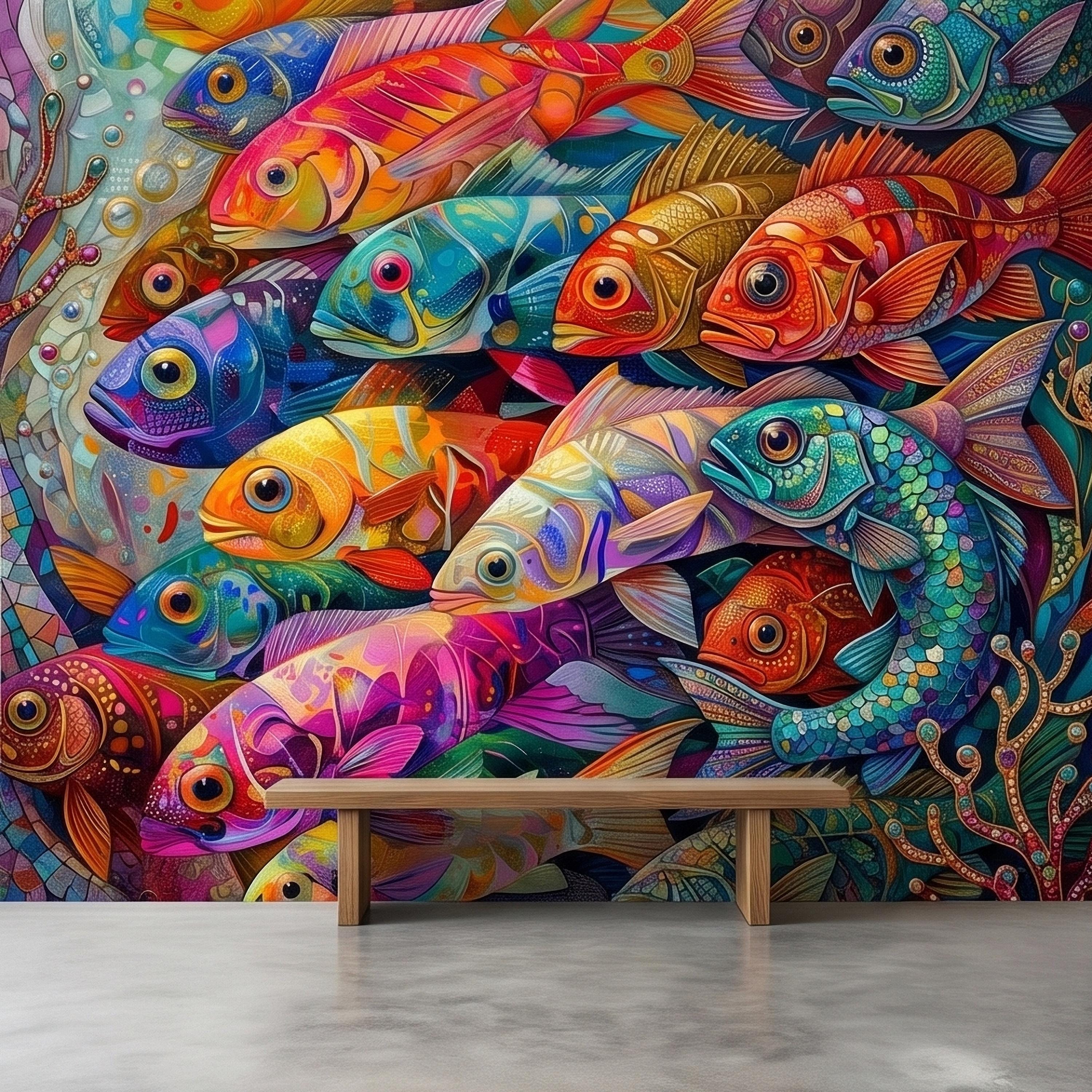 Colorful Tropical Fish Underwater Reef Peel and Stick Wall Mural, Vibrant Ocean Sea Life Illustration Collage, Nautical Coastal Wallpaper