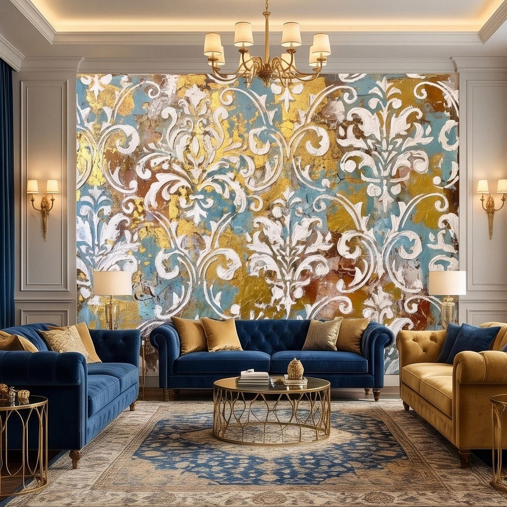 Vintage Baroque Damask Peel and Stick Wall Mural, Teal Blue Gilded Gold Leaf Ornate Scroll Pattern, Distressed Antique Style Wallpaper