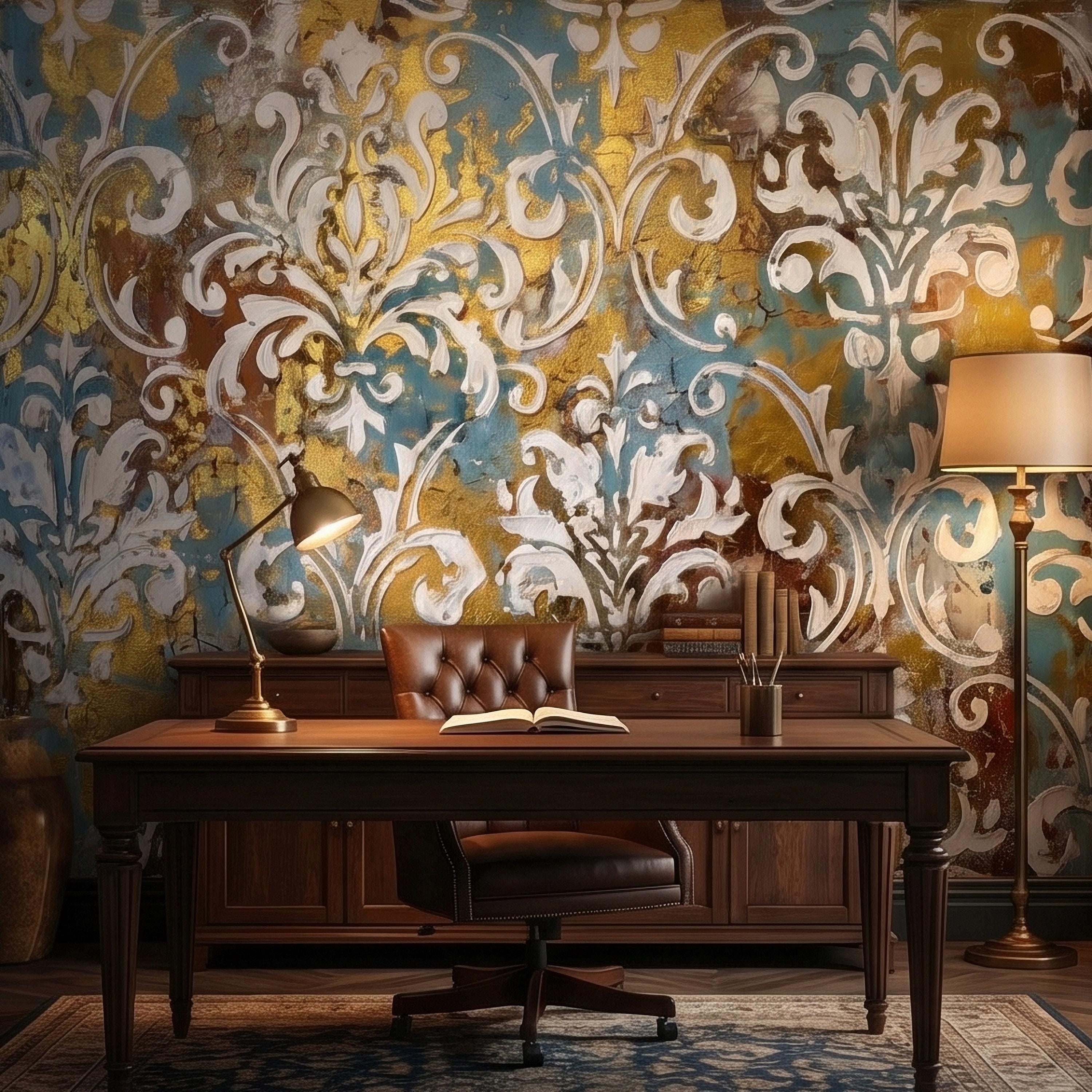 Vintage Baroque Damask Peel and Stick Wall Mural, Teal Blue Gilded Gold Leaf Ornate Scroll Pattern, Distressed Antique Style Wallpaper