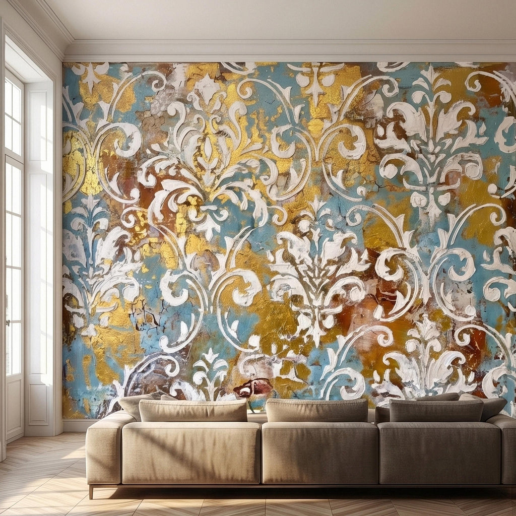 Vintage Baroque Damask Peel and Stick Wall Mural, Teal Blue Gilded Gold Leaf Ornate Scroll Pattern, Distressed Antique Style Wallpaper