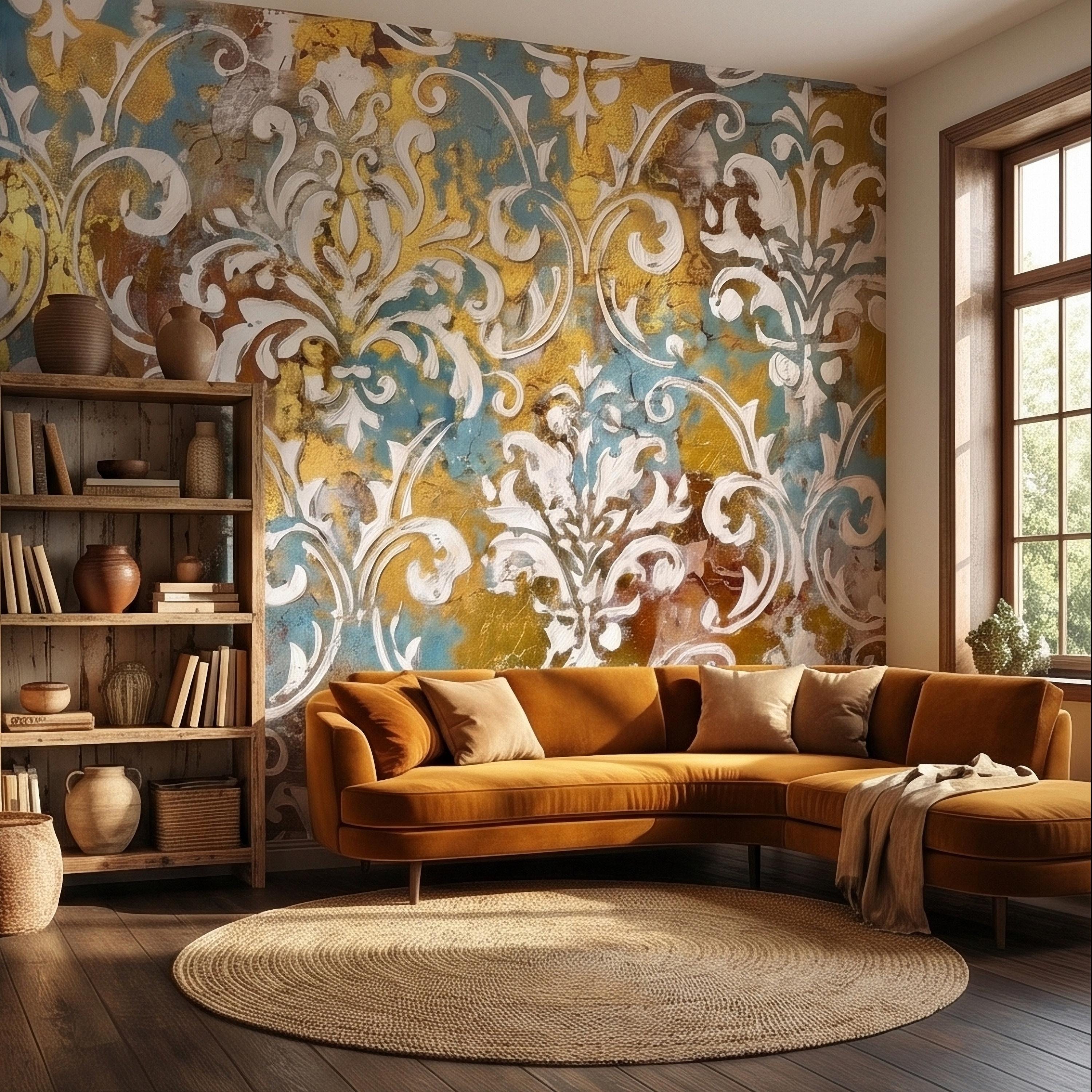 Vintage Baroque Damask Peel and Stick Wall Mural, Teal Blue Gilded Gold Leaf Ornate Scroll Pattern, Distressed Antique Style Wallpaper
