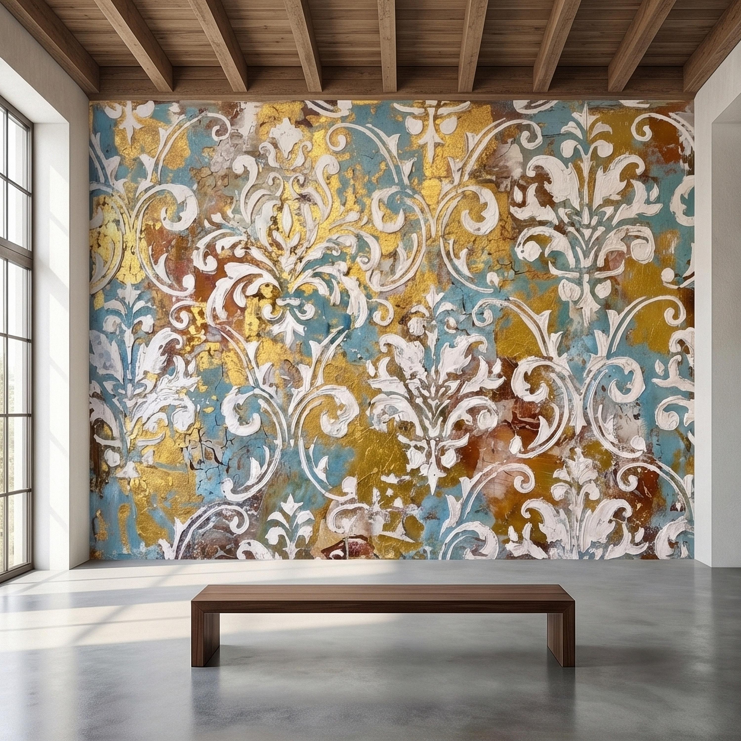 Vintage Baroque Damask Peel and Stick Wall Mural, Teal Blue Gilded Gold Leaf Ornate Scroll Pattern, Distressed Antique Style Wallpaper