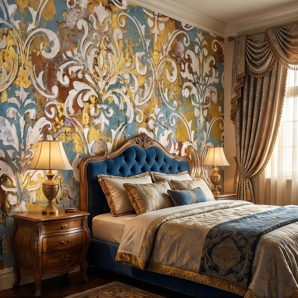 Vintage Baroque Damask Peel and Stick Wall Mural, Teal Blue Gilded Gold Leaf Ornate Scroll Pattern, Distressed Antique Style Wallpaper