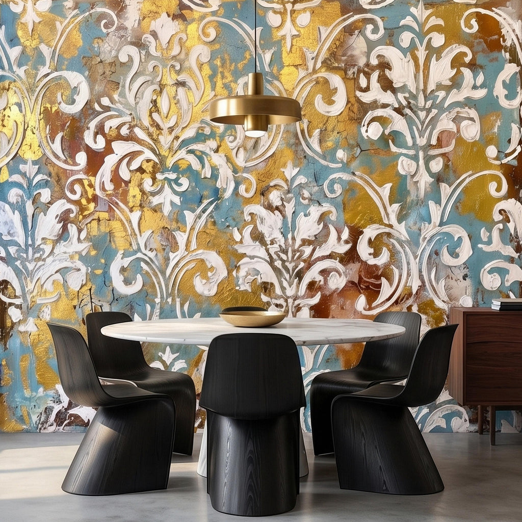 Vintage Baroque Damask Peel and Stick Wall Mural, Teal Blue Gilded Gold Leaf Ornate Scroll Pattern, Distressed Antique Style Wallpaper