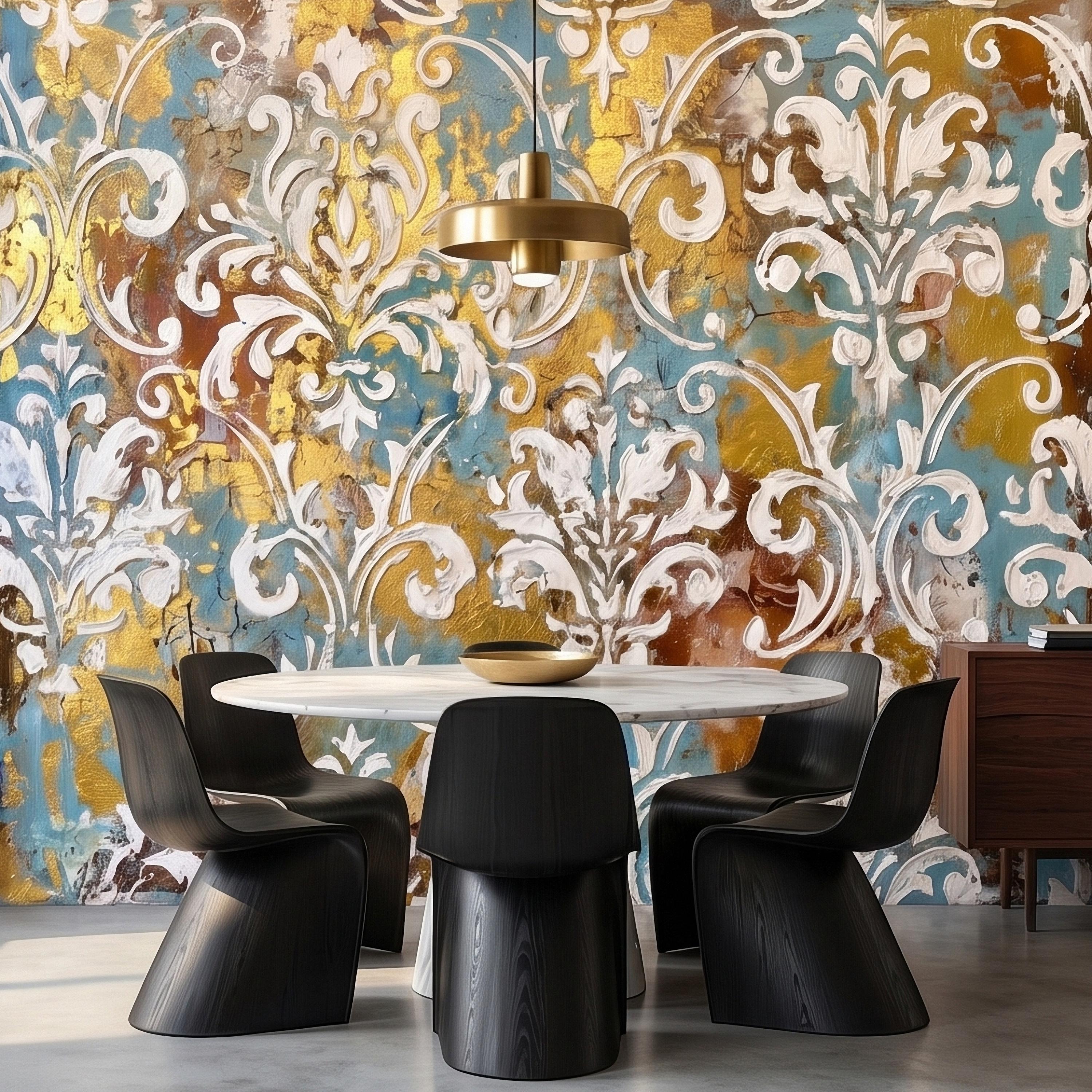 Vintage Baroque Damask Peel and Stick Wall Mural, Teal Blue Gilded Gold Leaf Ornate Scroll Pattern, Distressed Antique Style Wallpaper