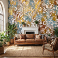 Vintage Baroque Damask Peel and Stick Wall Mural, Teal Blue Gilded Gold Leaf Ornate Scroll Pattern, Distressed Antique Style Wallpaper