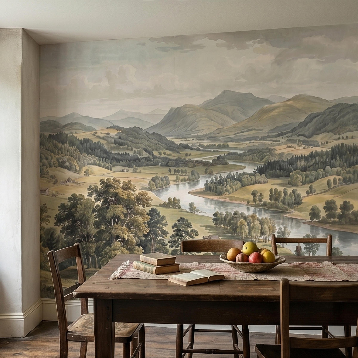 Vintage Watercolor Mountain Valley Peel and Stick Wall Mural, Soft Neutral River Landscape with Rolling Hills Farmhouses Scenic Wallpaper - The Fine Art Murals