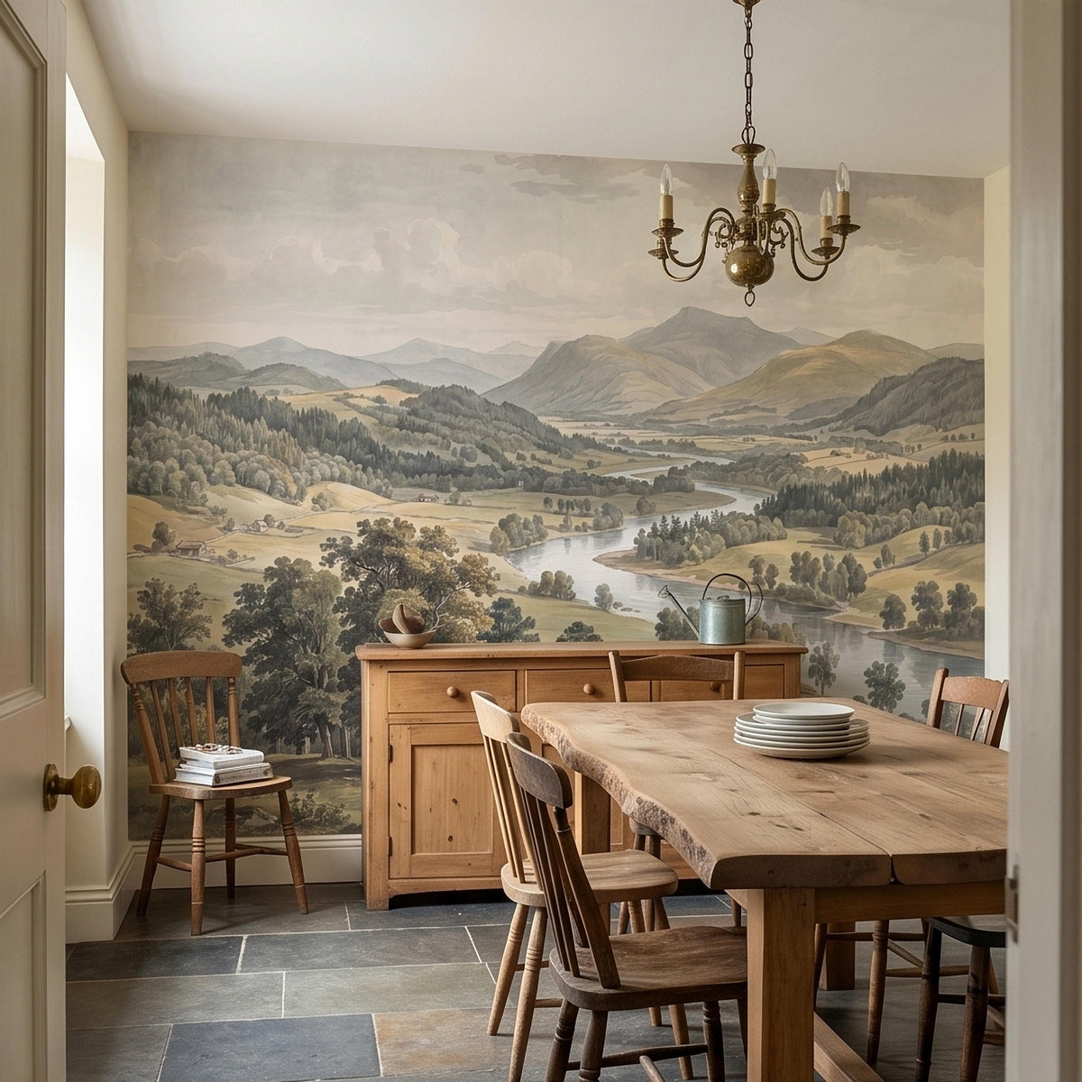 Vintage Watercolor Mountain Valley Peel and Stick Wall Mural, Soft Neutral River Landscape with Rolling Hills Farmhouses Scenic Wallpaper - The Fine Art Murals