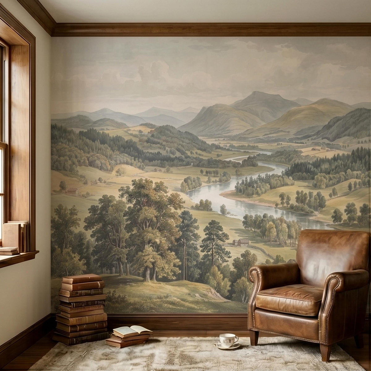 Vintage Watercolor Mountain Valley Peel and Stick Wall Mural, Soft Neutral River Landscape with Rolling Hills Farmhouses Scenic Wallpaper - The Fine Art Murals