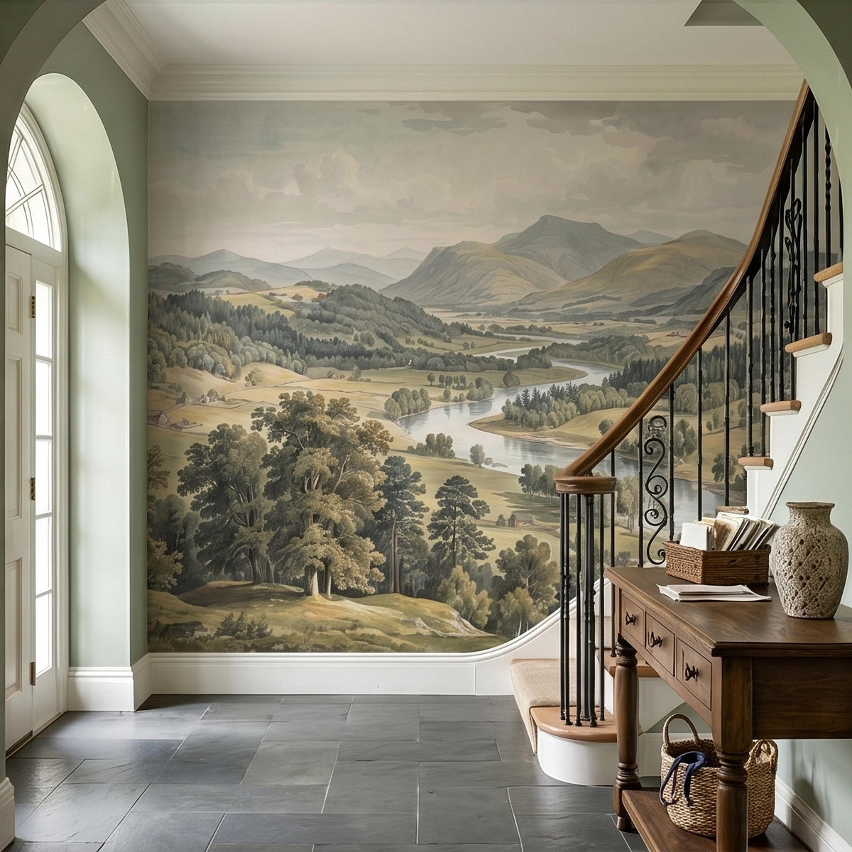 Vintage Watercolor Mountain Valley Peel and Stick Wall Mural, Soft Neutral River Landscape with Rolling Hills Farmhouses Scenic Wallpaper - The Fine Art Murals