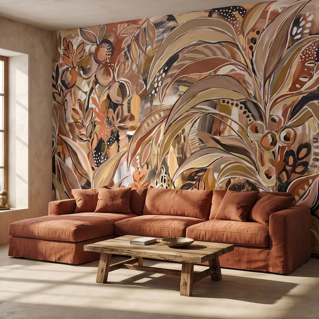 Abstract Boho Botanical Peel and Stick Wall Mural, Neutral Earthy Terracotta Beige Tropical Leaves Modern Painterly Art Minimalist Wallpaper