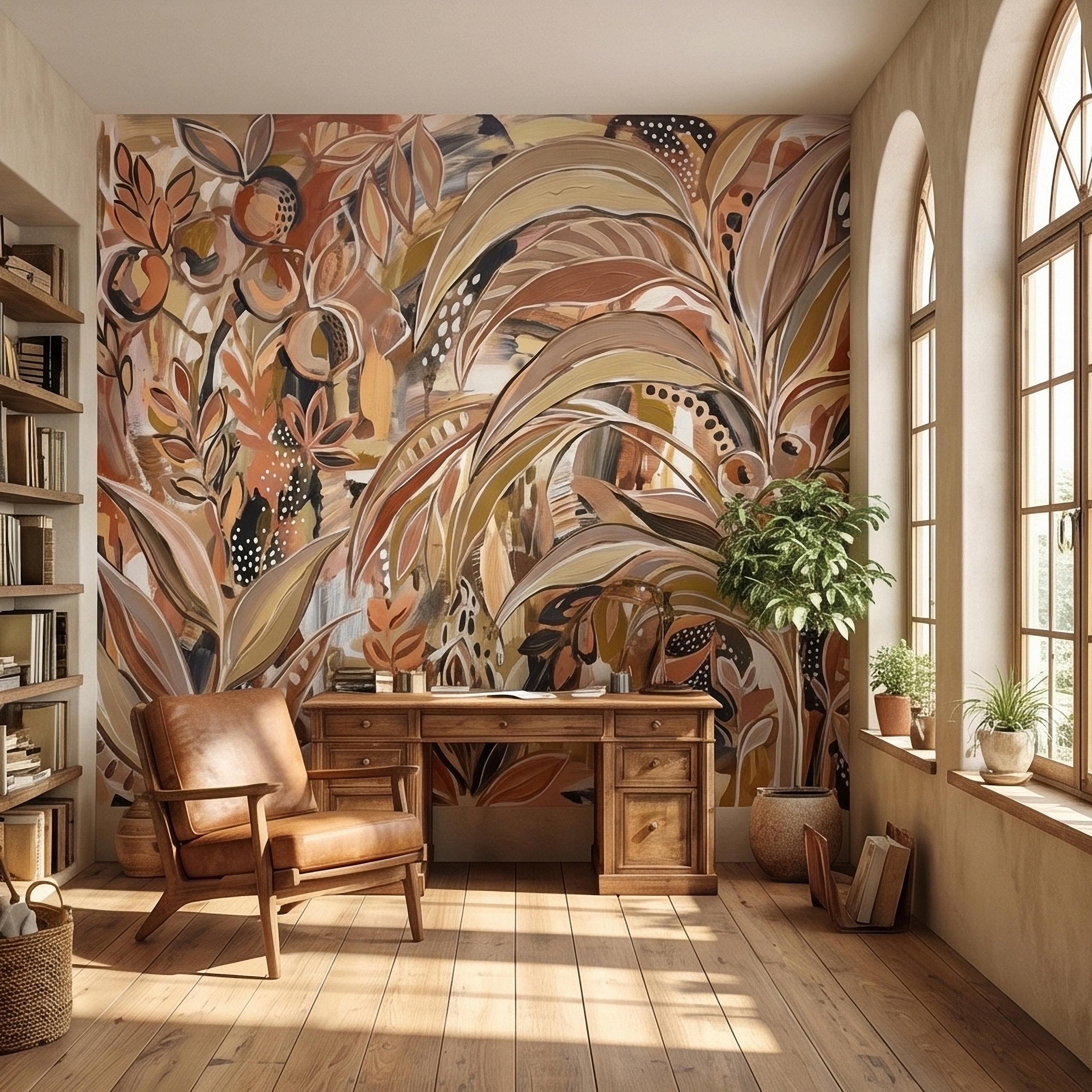 Abstract Boho Botanical Peel and Stick Wall Mural, Neutral Earthy Terracotta Beige Tropical Leaves Modern Painterly Art Minimalist Wallpaper