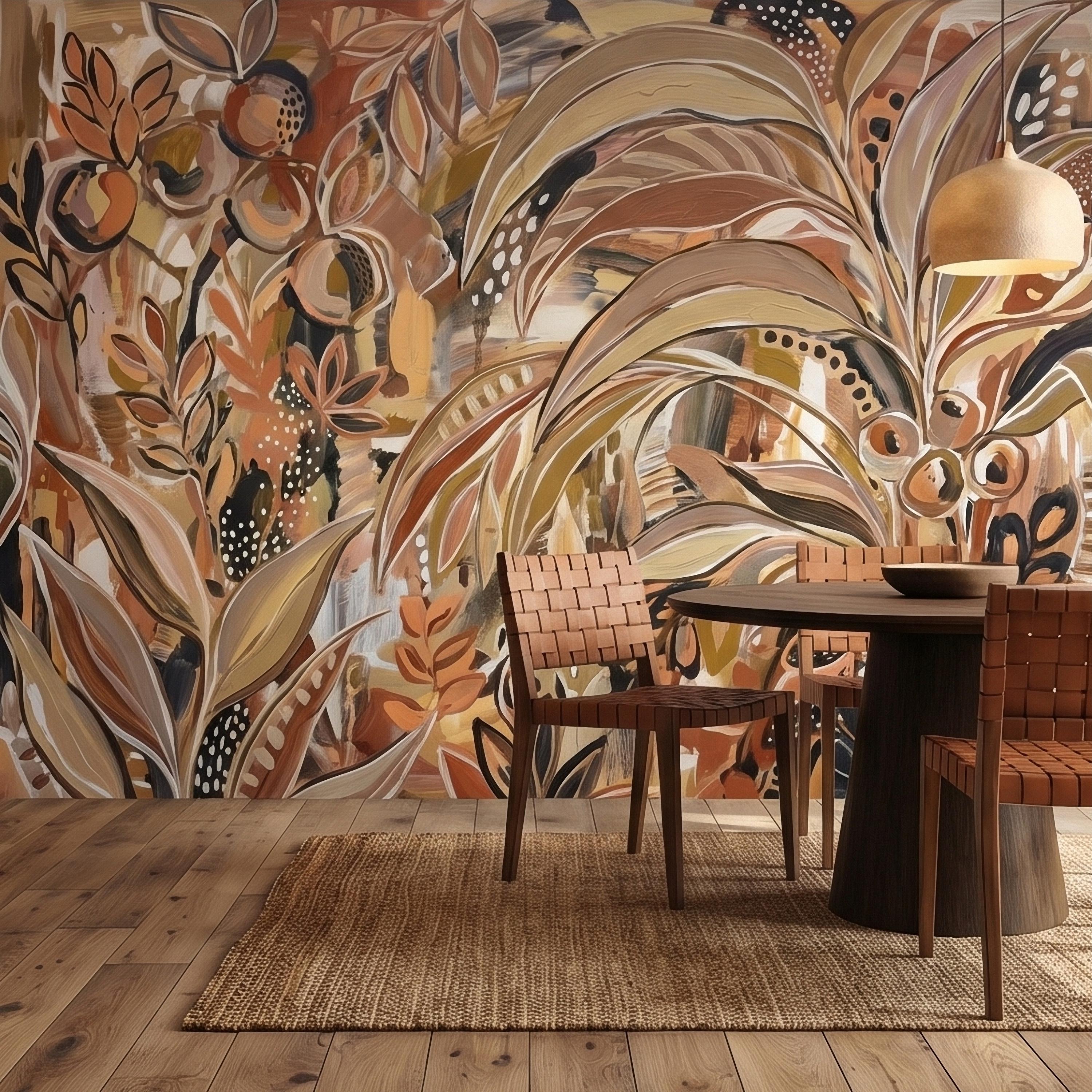 Abstract Boho Botanical Peel and Stick Wall Mural, Neutral Earthy Terracotta Beige Tropical Leaves Modern Painterly Art Minimalist Wallpaper