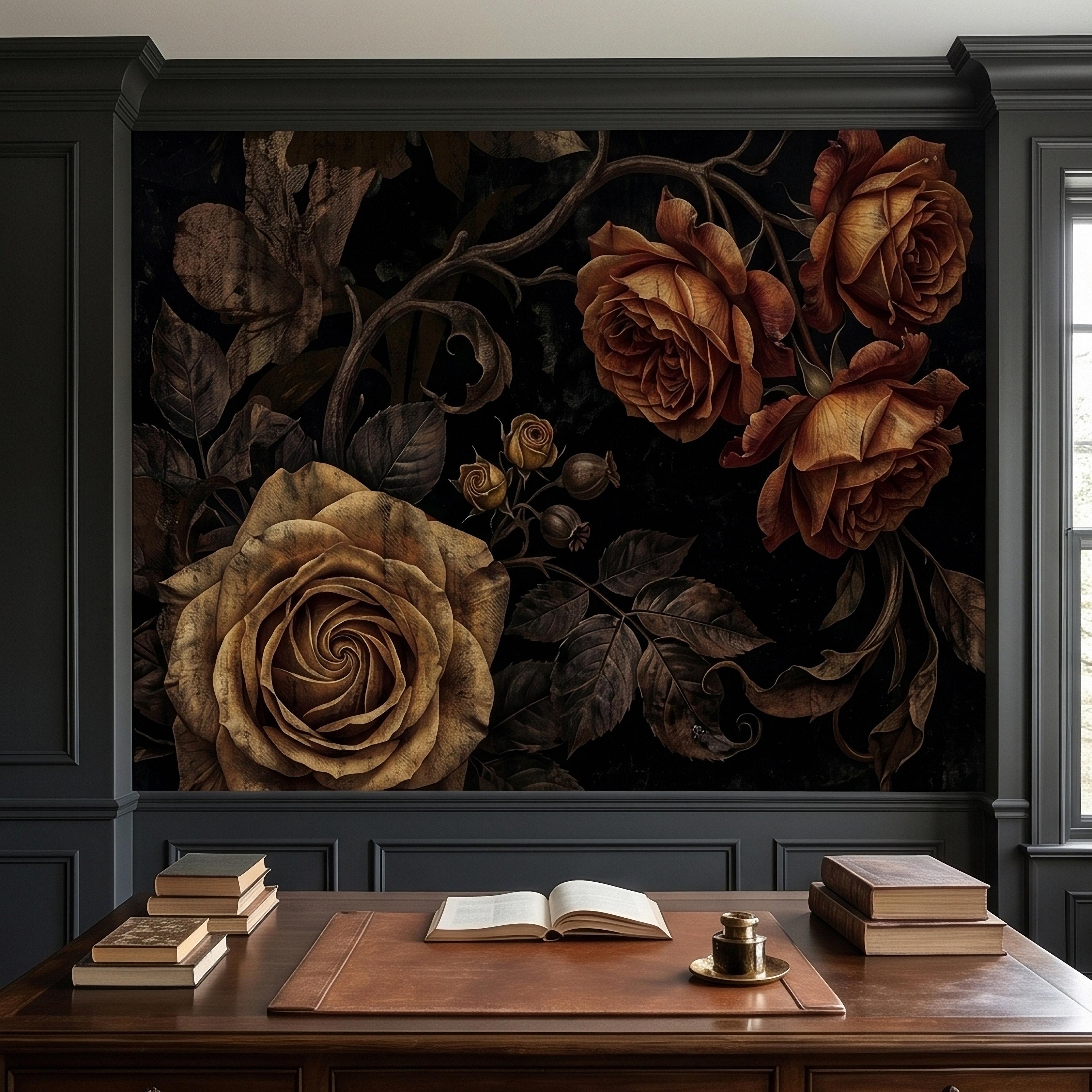 Moody Dark Roses Peel and Stick Wall Mural, Vintage Antique Black Floral Botanical with Bronze Roses, Dramatic Victorian Gothic Wallpaper