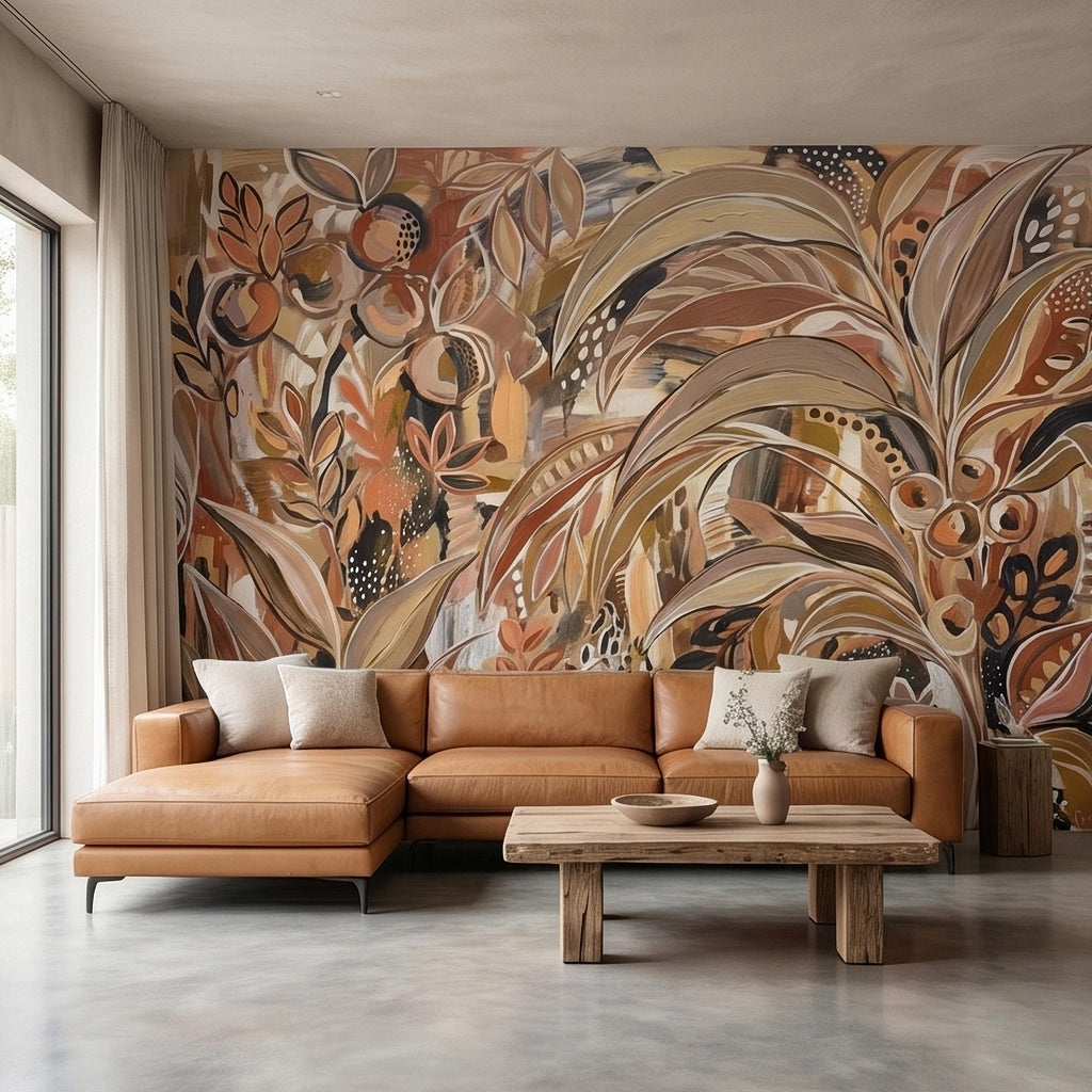 Abstract Boho Botanical Peel and Stick Wall Mural, Neutral Earthy Terracotta Beige Tropical Leaves Modern Painterly Art Minimalist Wallpaper