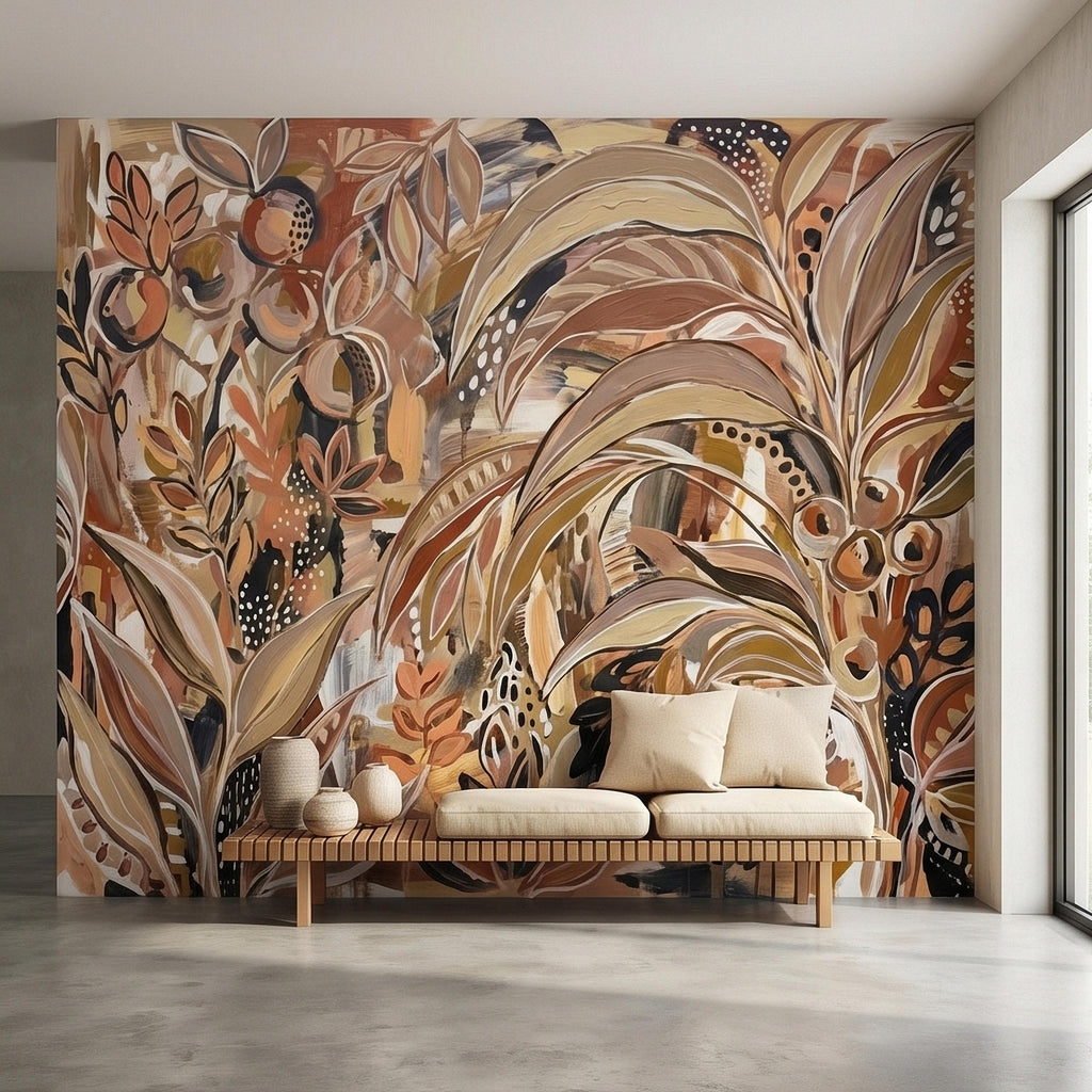 Abstract Boho Botanical Peel and Stick Wall Mural, Neutral Earthy Terracotta Beige Tropical Leaves Modern Painterly Art Minimalist Wallpaper