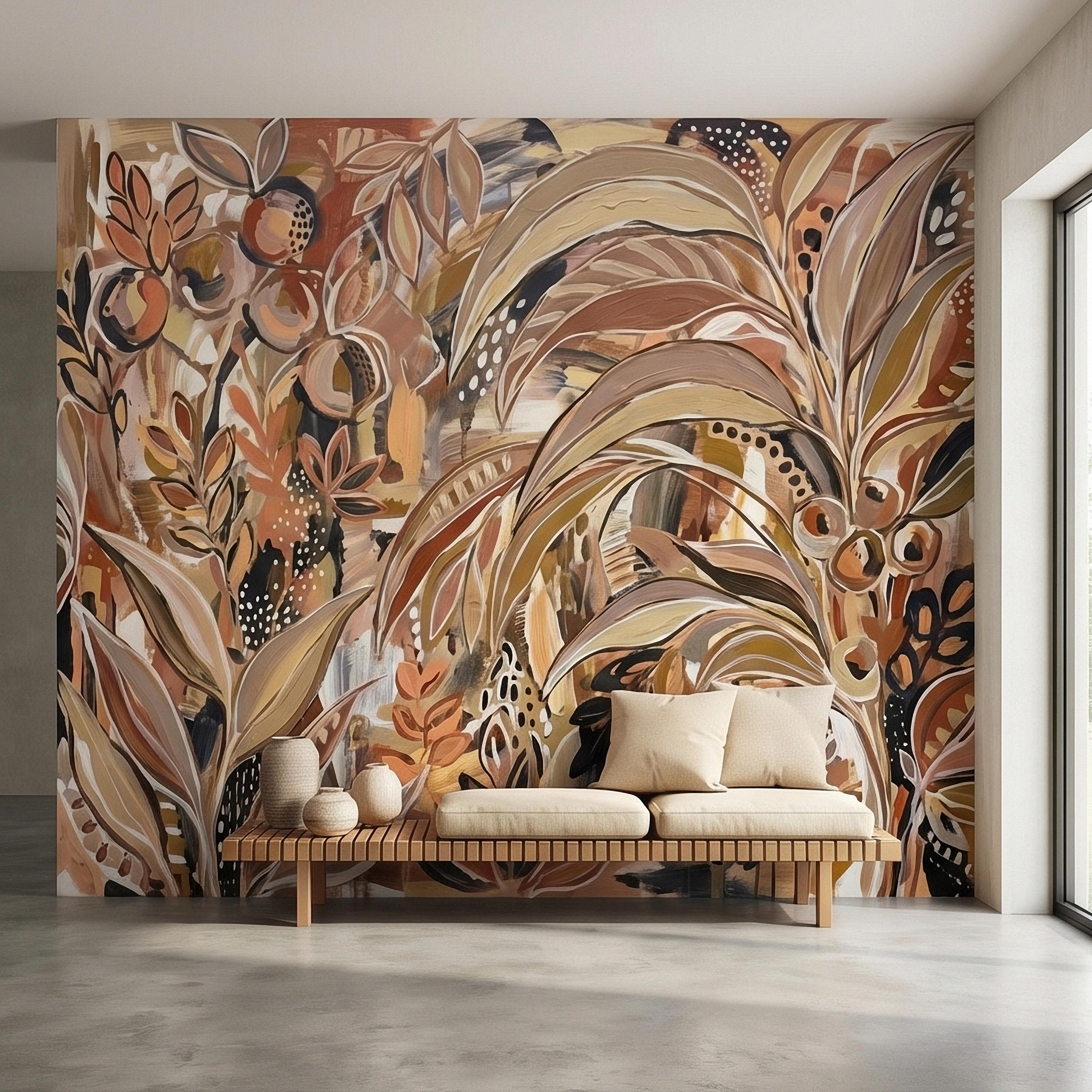 Abstract Boho Botanical Peel and Stick Wall Mural, Neutral Earthy Terracotta Beige Tropical Leaves Modern Painterly Art Minimalist Wallpaper