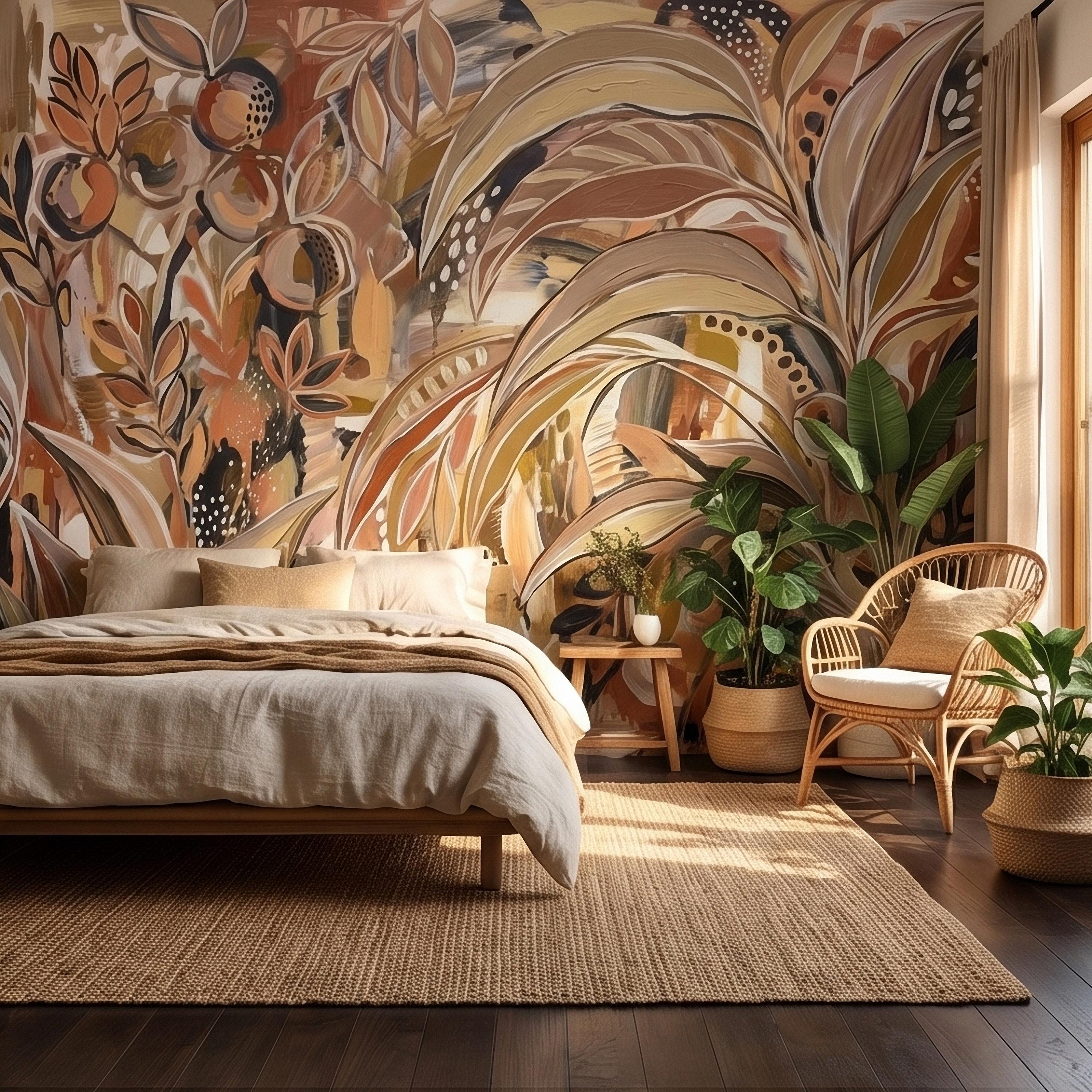 Abstract Boho Botanical Peel and Stick Wall Mural, Neutral Earthy Terracotta Beige Tropical Leaves Modern Painterly Art Minimalist Wallpaper
