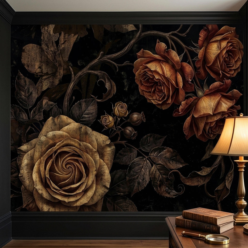 Moody Dark Roses Peel and Stick Wall Mural, Vintage Antique Black Floral Botanical with Bronze Roses, Dramatic Victorian Gothic Wallpaper