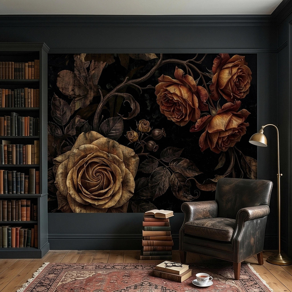 Moody Dark Roses Peel and Stick Wall Mural, Vintage Antique Black Floral Botanical with Bronze Roses, Dramatic Victorian Gothic Wallpaper