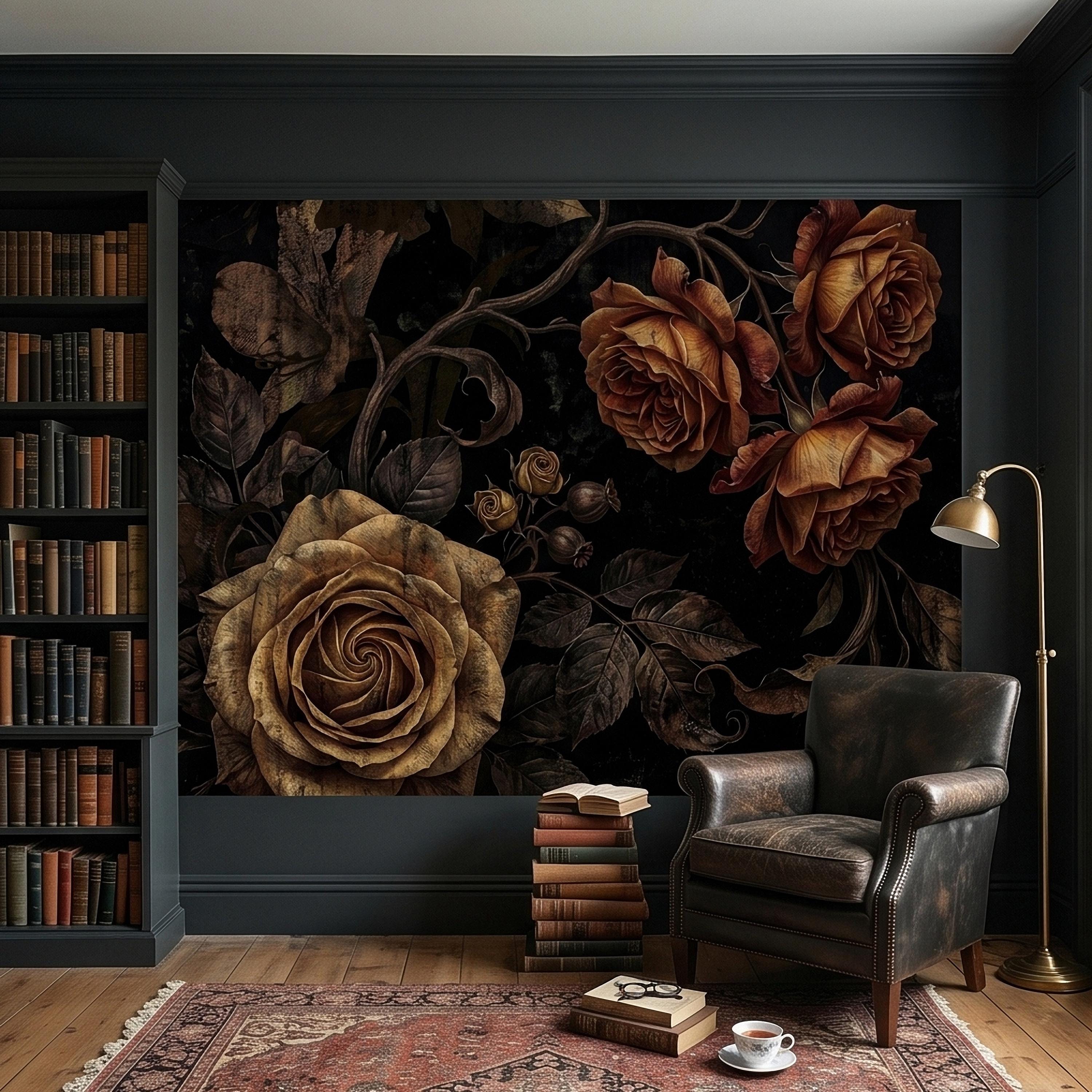 Moody Dark Roses Peel and Stick Wall Mural, Vintage Antique Black Floral Botanical with Bronze Roses, Dramatic Victorian Gothic Wallpaper