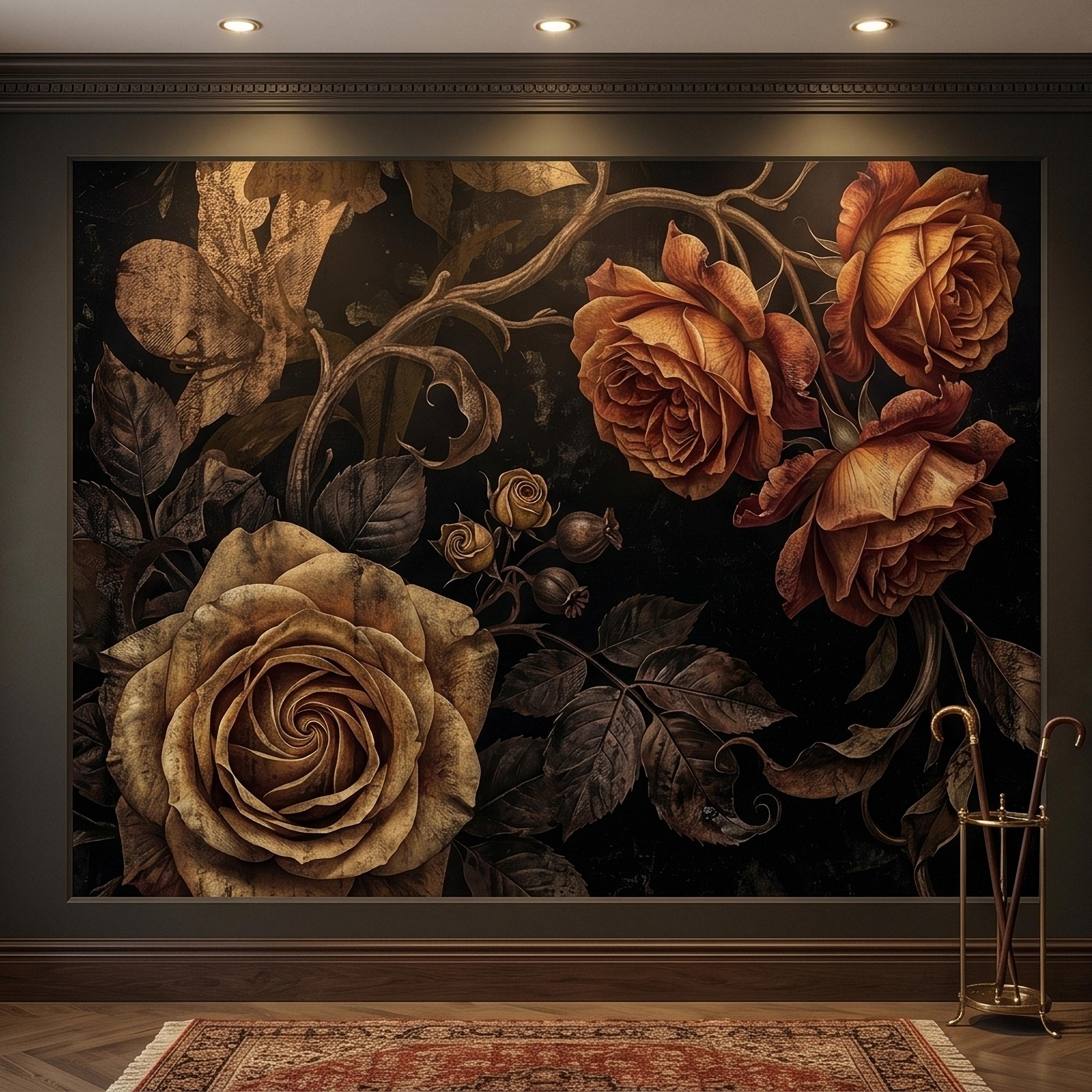Moody Dark Roses Peel and Stick Wall Mural, Vintage Antique Black Floral Botanical with Bronze Roses, Dramatic Victorian Gothic Wallpaper