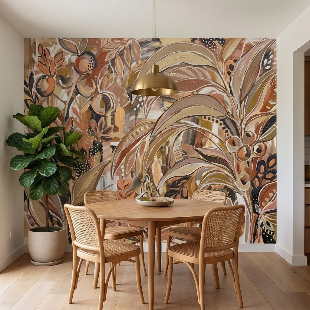 Abstract Boho Botanical Peel and Stick Wall Mural, Neutral Earthy Terracotta Beige Tropical Leaves Modern Painterly Art Minimalist Wallpaper