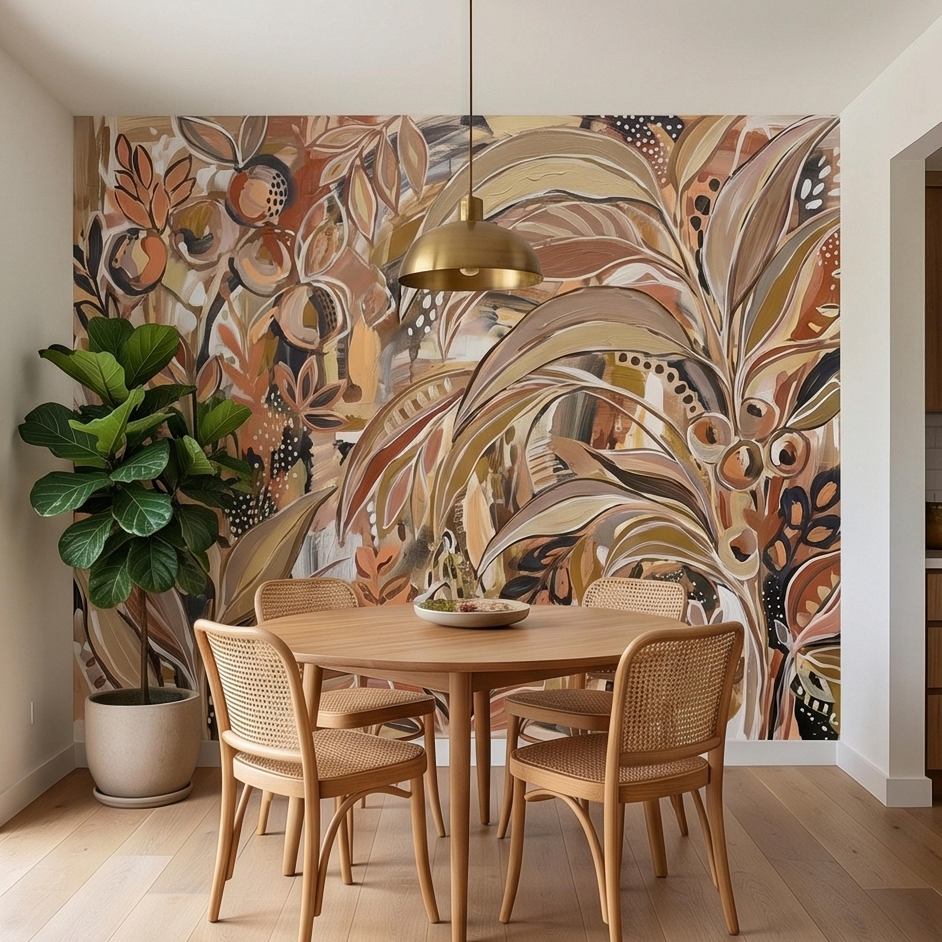 Abstract Boho Botanical Peel and Stick Wall Mural, Neutral Earthy Terracotta Beige Tropical Leaves Modern Painterly Art Minimalist Wallpaper