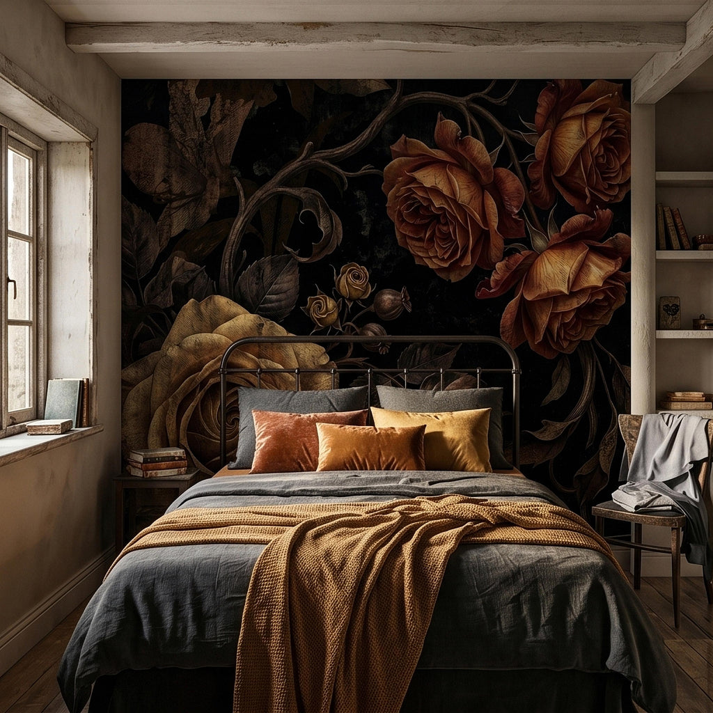 Moody Dark Roses Peel and Stick Wall Mural, Vintage Antique Black Floral Botanical with Bronze Roses, Dramatic Victorian Gothic Wallpaper