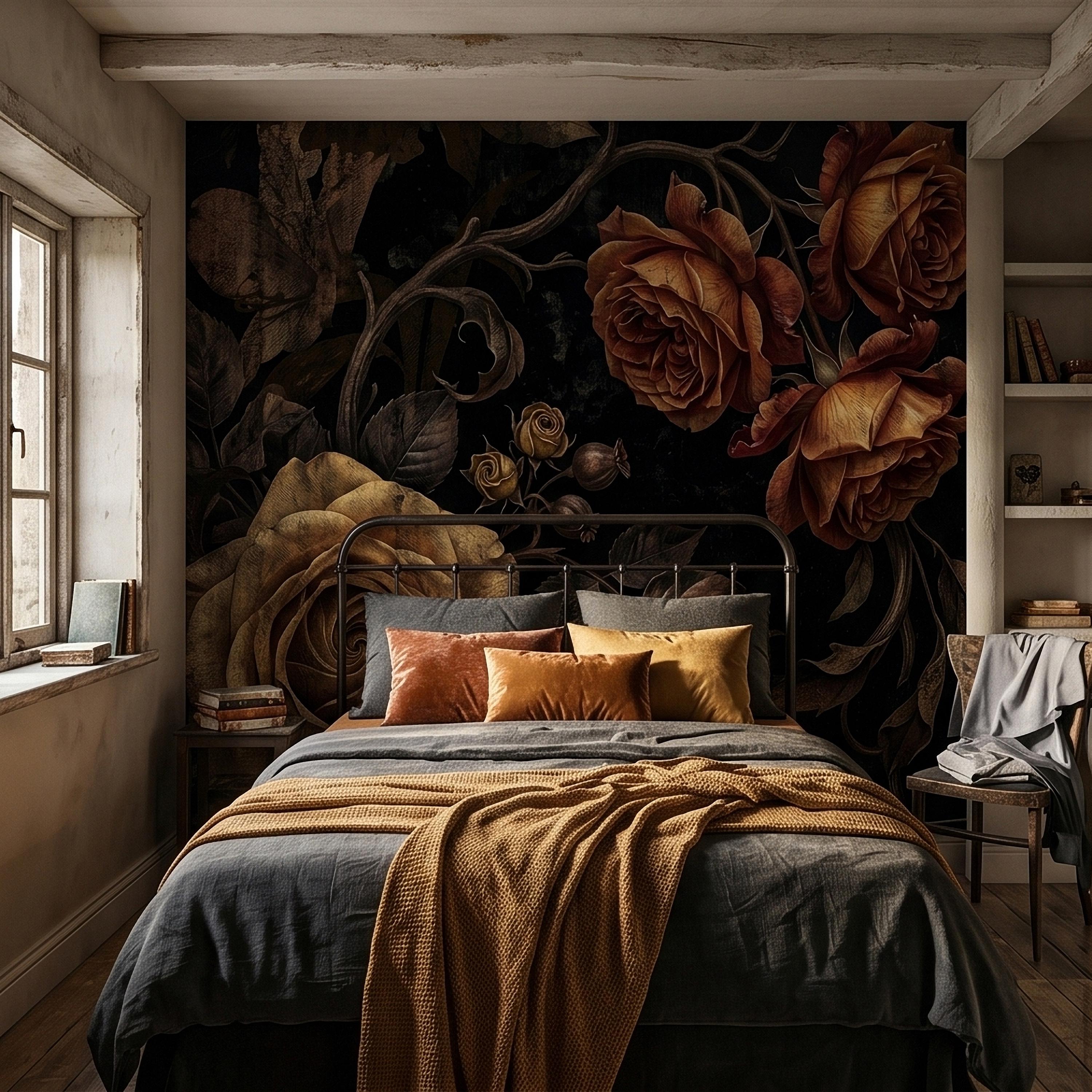 Moody Dark Roses Peel and Stick Wall Mural, Vintage Antique Black Floral Botanical with Bronze Roses, Dramatic Victorian Gothic Wallpaper
