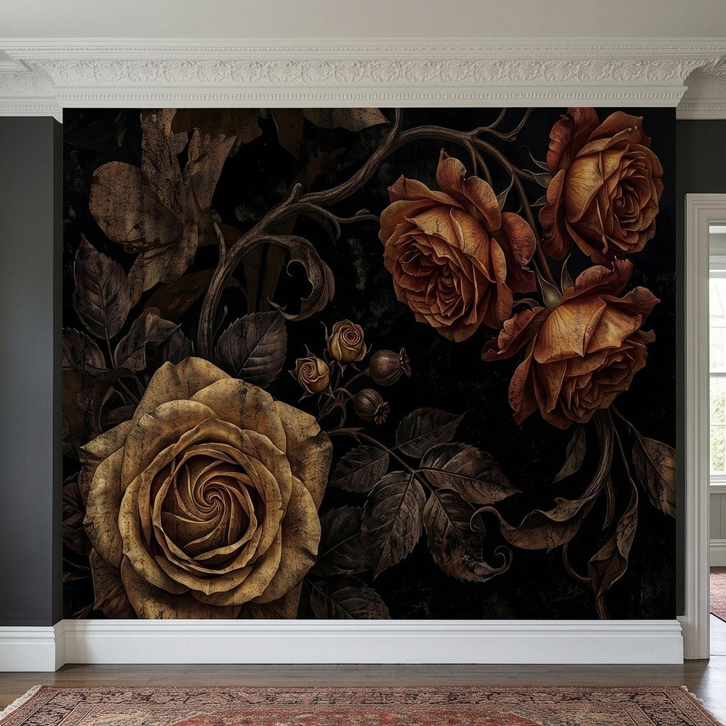 Moody Dark Roses Peel and Stick Wall Mural, Vintage Antique Black Floral Botanical with Bronze Roses, Dramatic Victorian Gothic Wallpaper