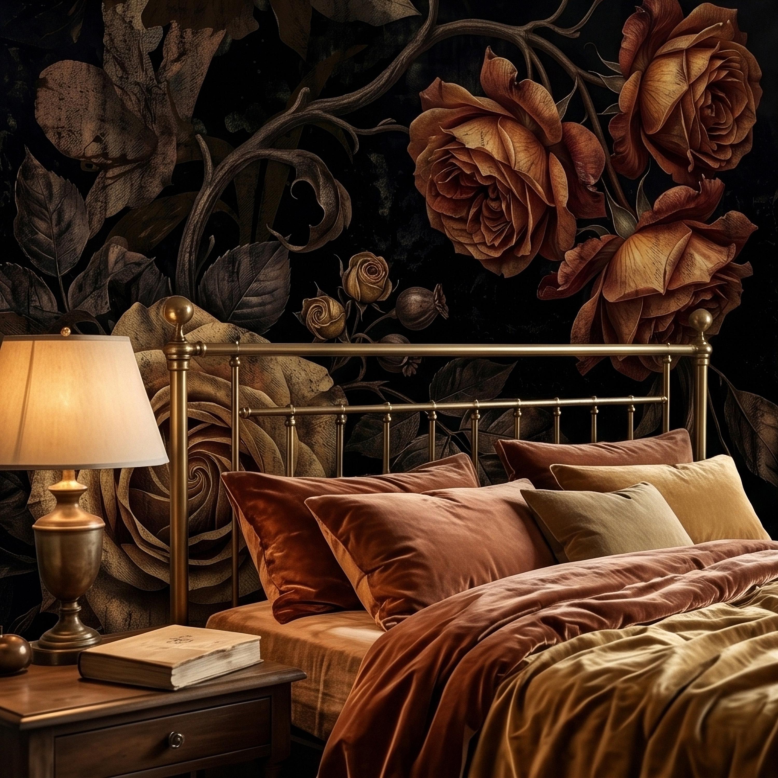 Moody Dark Roses Peel and Stick Wall Mural, Vintage Antique Black Floral Botanical with Bronze Roses, Dramatic Victorian Gothic Wallpaper