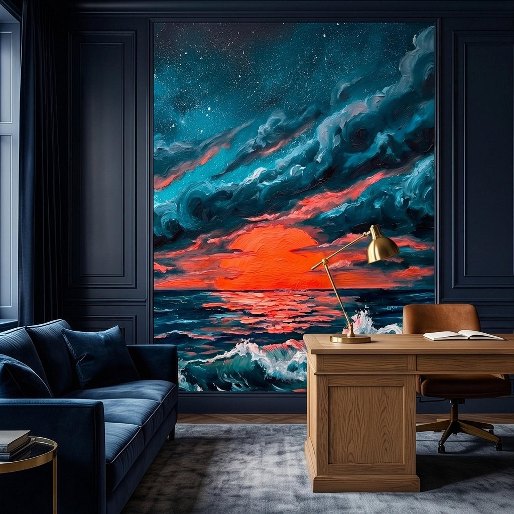 Dramatic Ocean Sunset Seascape Peel and Stick Wall Mural Teal Midnight Waves Moody Starry Sky Red Sun Horizon Oil Painting Coastal Wallpaper