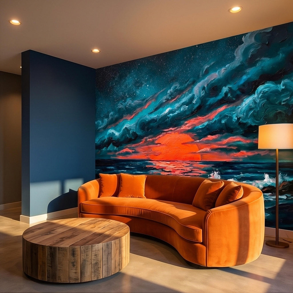 Dramatic Ocean Sunset Seascape Peel and Stick Wall Mural Teal Midnight Waves Moody Starry Sky Red Sun Horizon Oil Painting Coastal Wallpaper