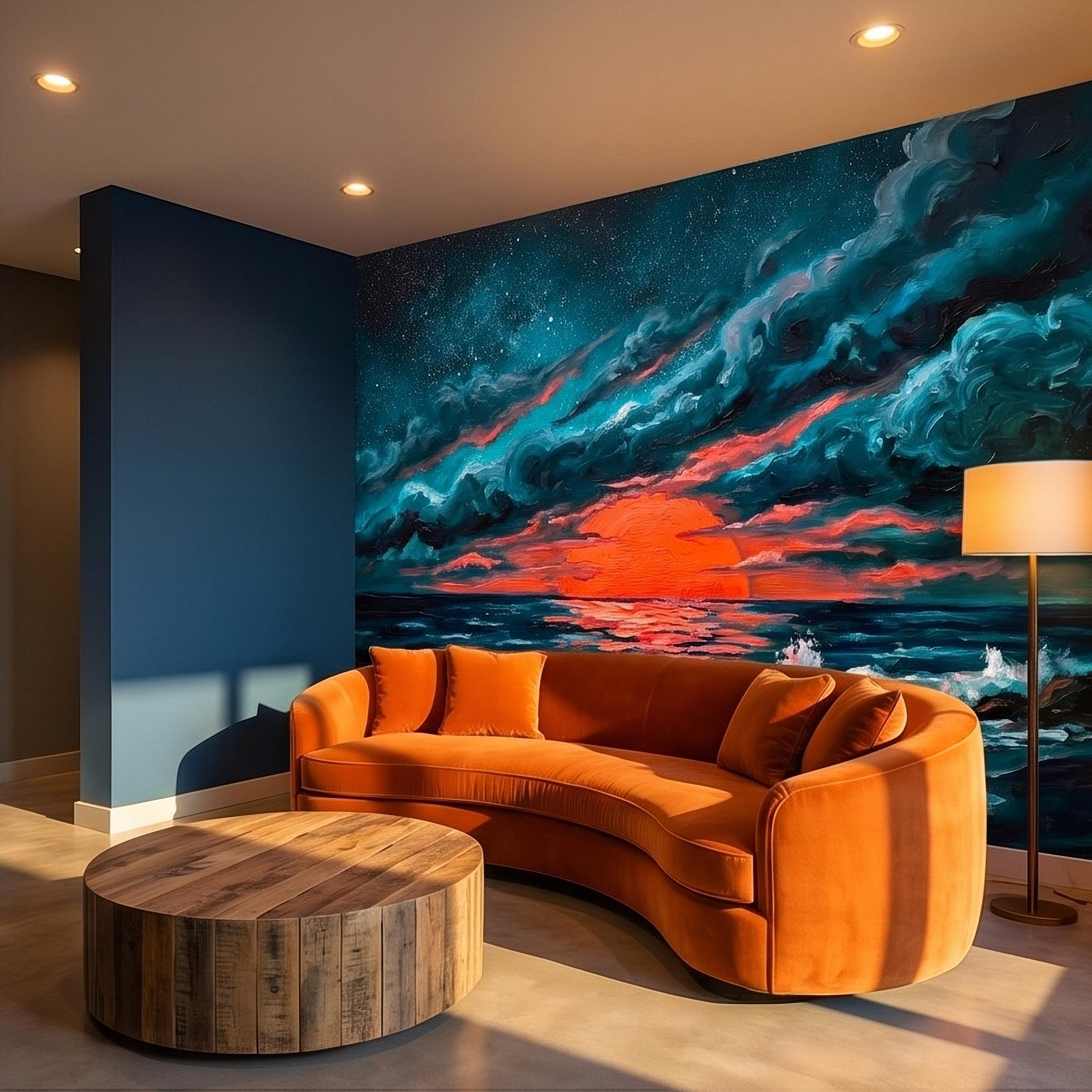 Dramatic Ocean Sunset Seascape Peel and Stick Wall Mural Teal Midnight Waves Moody Starry Sky Red Sun Horizon Oil Painting Coastal Wallpaper