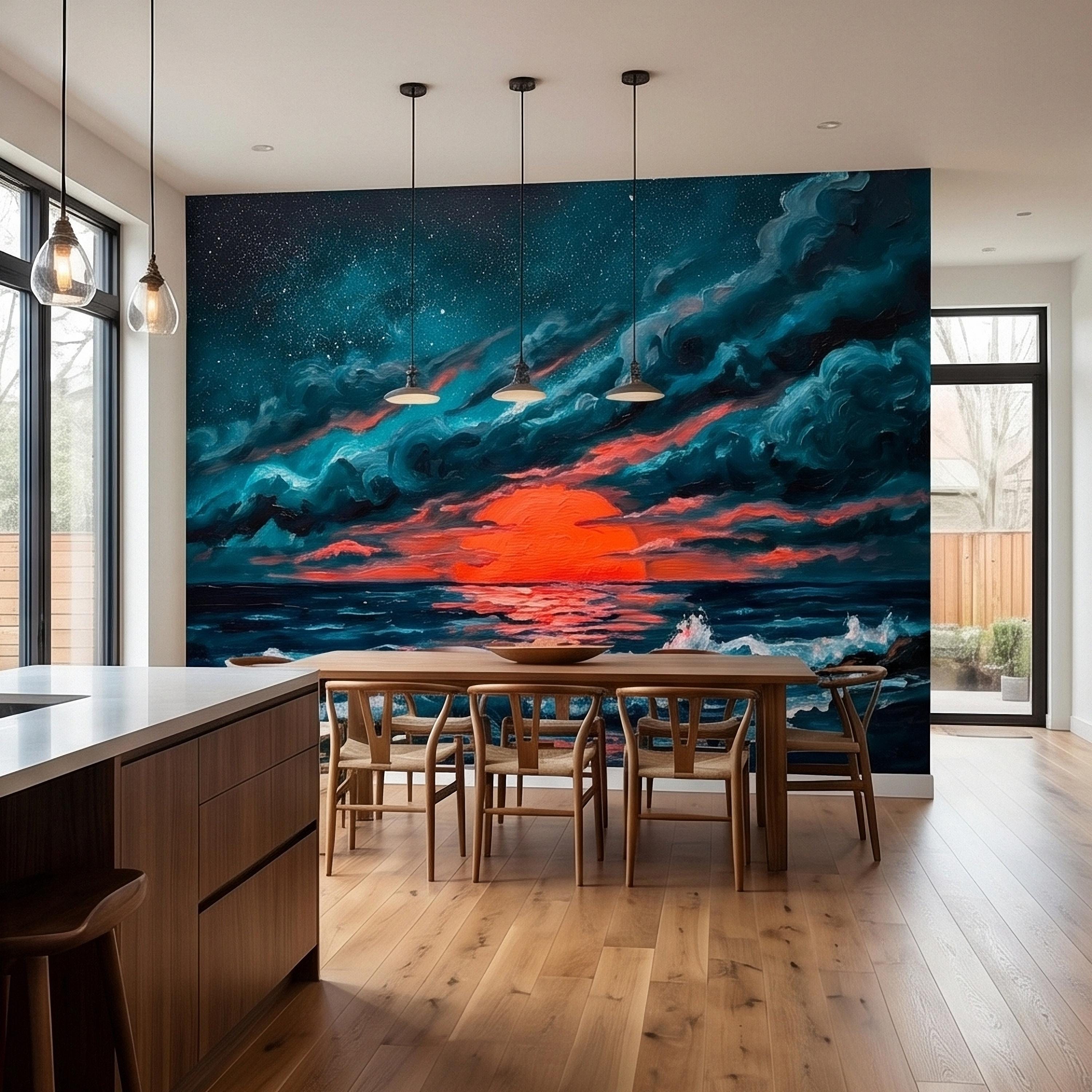 Dramatic Ocean Sunset Seascape Peel and Stick Wall Mural Teal Midnight Waves Moody Starry Sky Red Sun Horizon Oil Painting Coastal Wallpaper