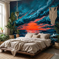 Dramatic Ocean Sunset Seascape Peel and Stick Wall Mural Teal Midnight Waves Moody Starry Sky Red Sun Horizon Oil Painting Coastal Wallpaper