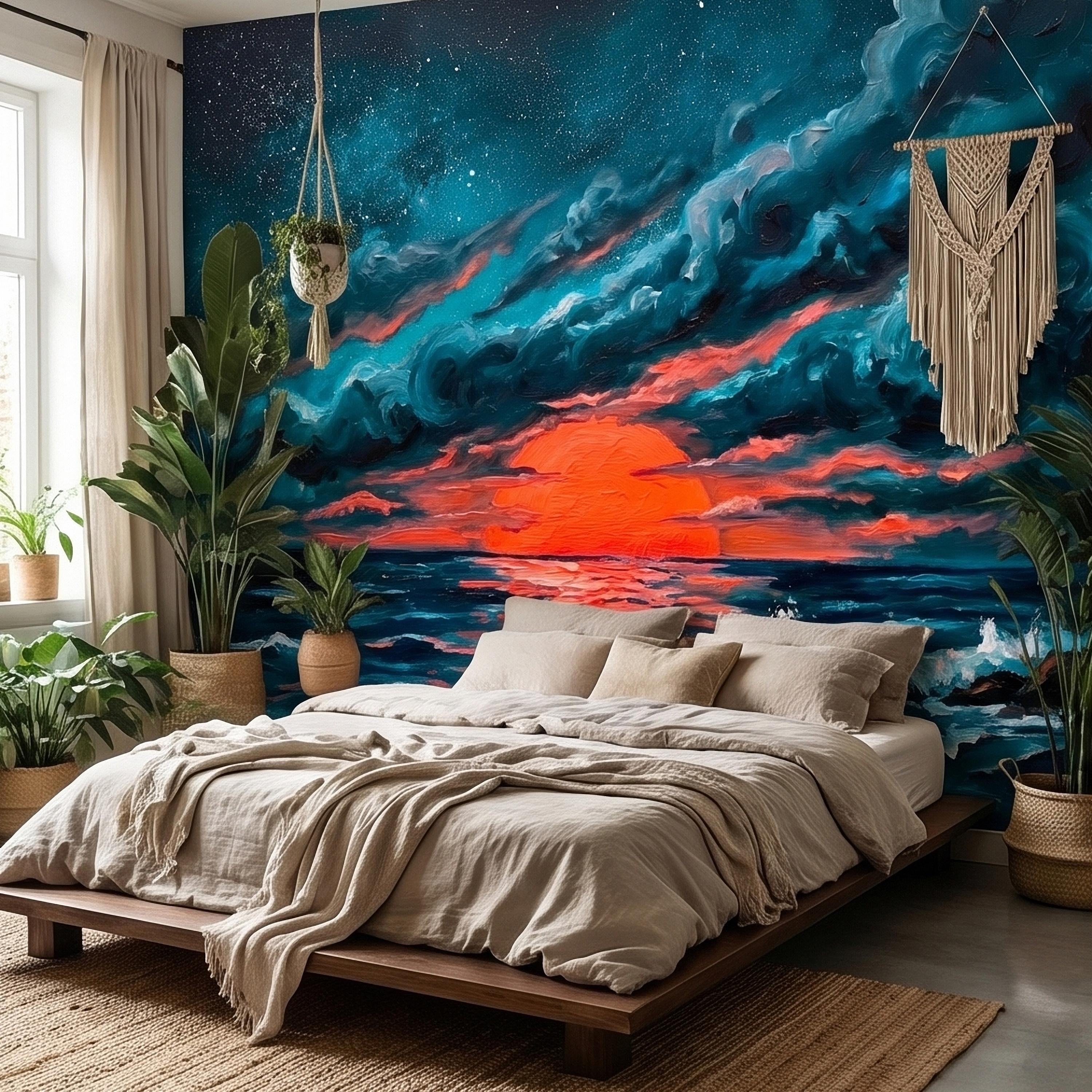 Dramatic Ocean Sunset Seascape Peel and Stick Wall Mural Teal Midnight Waves Moody Starry Sky Red Sun Horizon Oil Painting Coastal Wallpaper