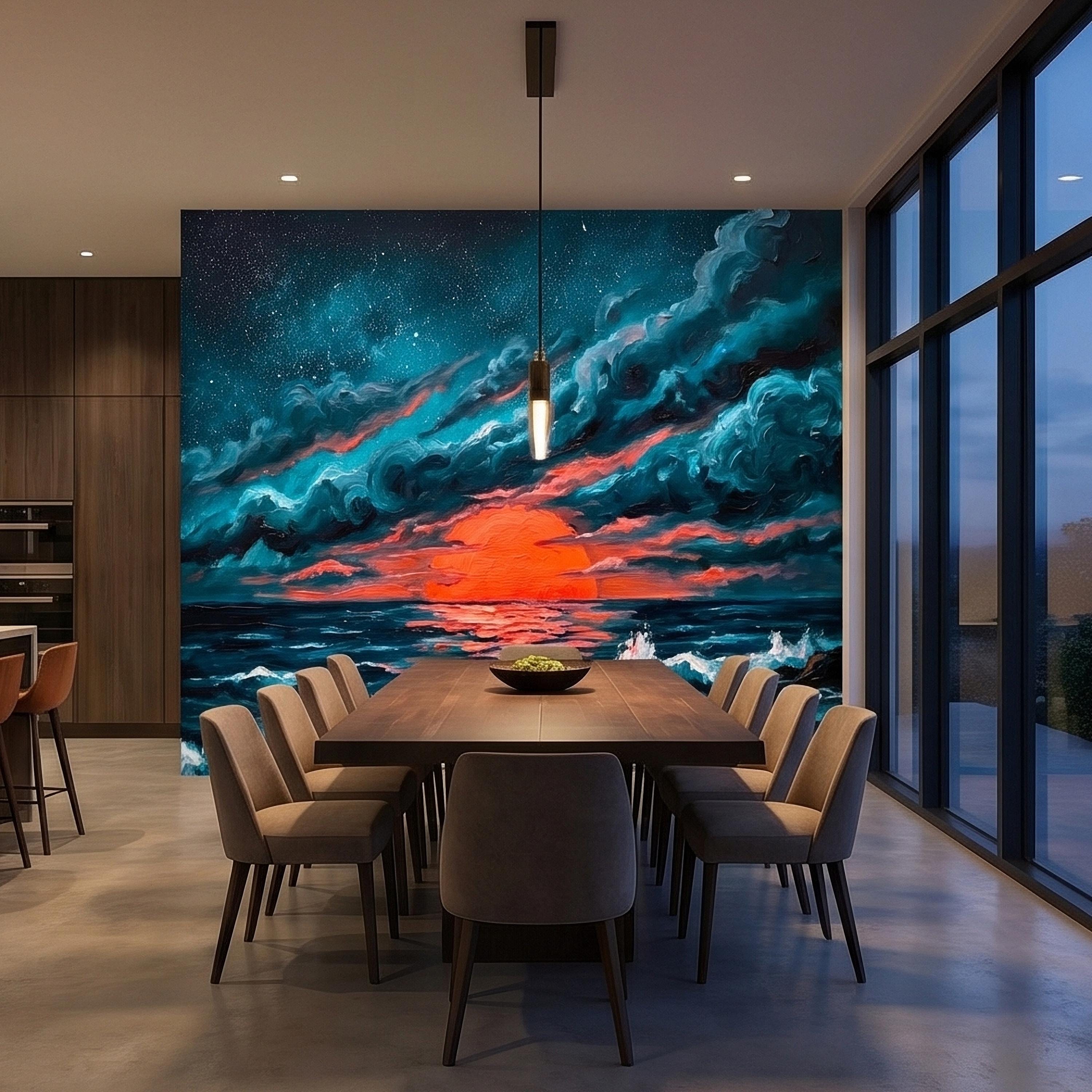 Dramatic Ocean Sunset Seascape Peel and Stick Wall Mural Teal Midnight Waves Moody Starry Sky Red Sun Horizon Oil Painting Coastal Wallpaper