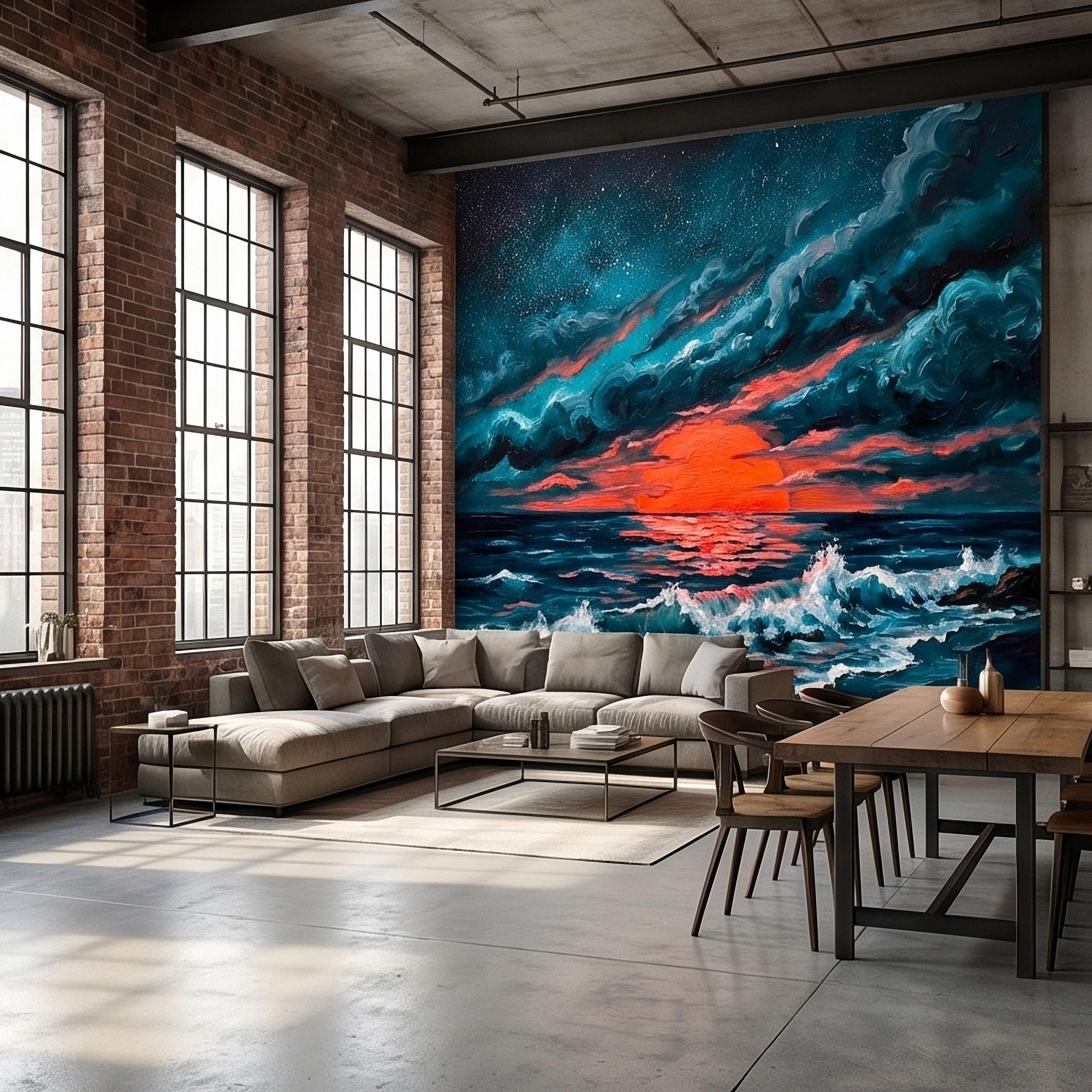 Dramatic Ocean Sunset Seascape Peel and Stick Wall Mural Teal Midnight Waves Moody Starry Sky Red Sun Horizon Oil Painting Coastal Wallpaper