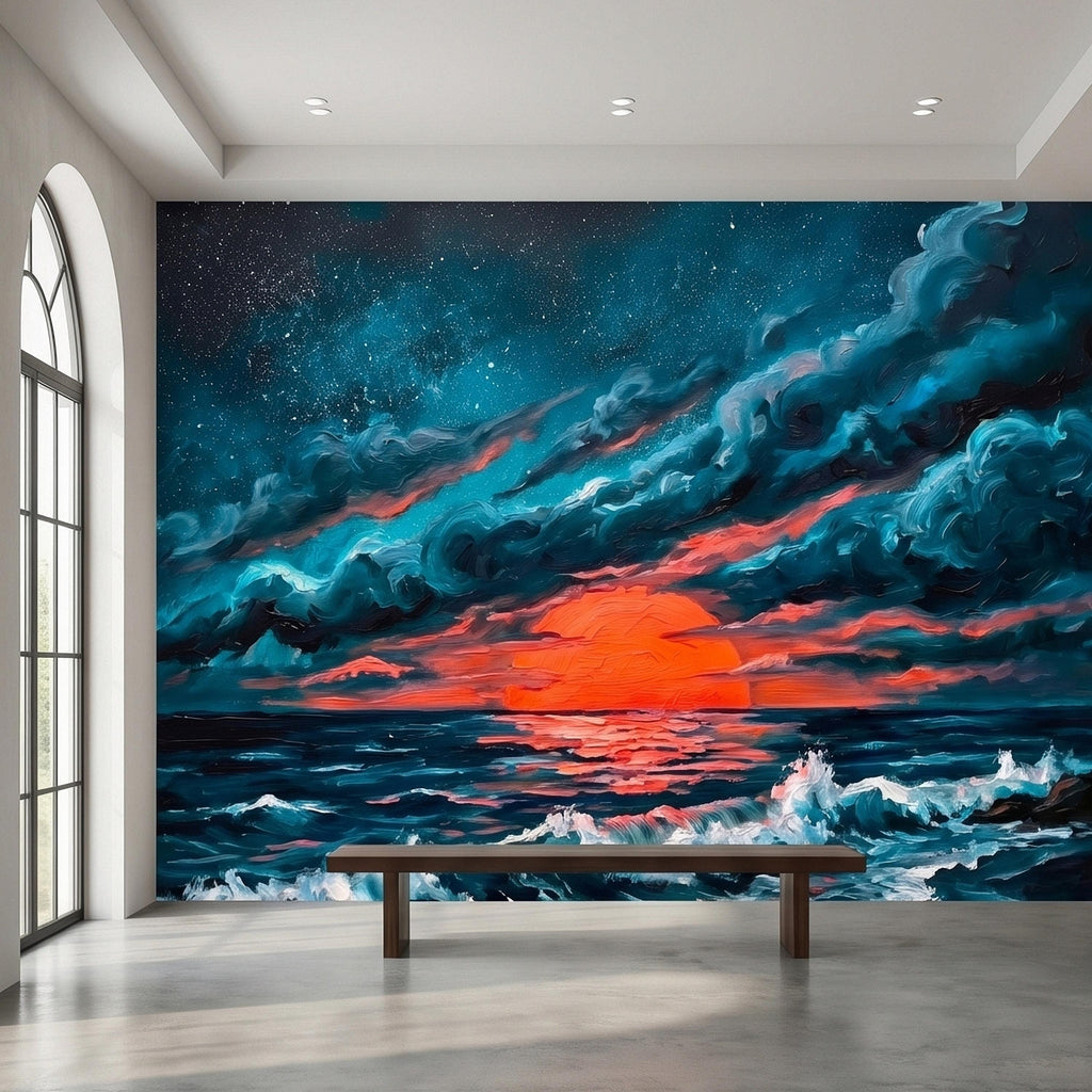 Dramatic Ocean Sunset Seascape Peel and Stick Wall Mural Teal Midnight Waves Moody Starry Sky Red Sun Horizon Oil Painting Coastal Wallpaper