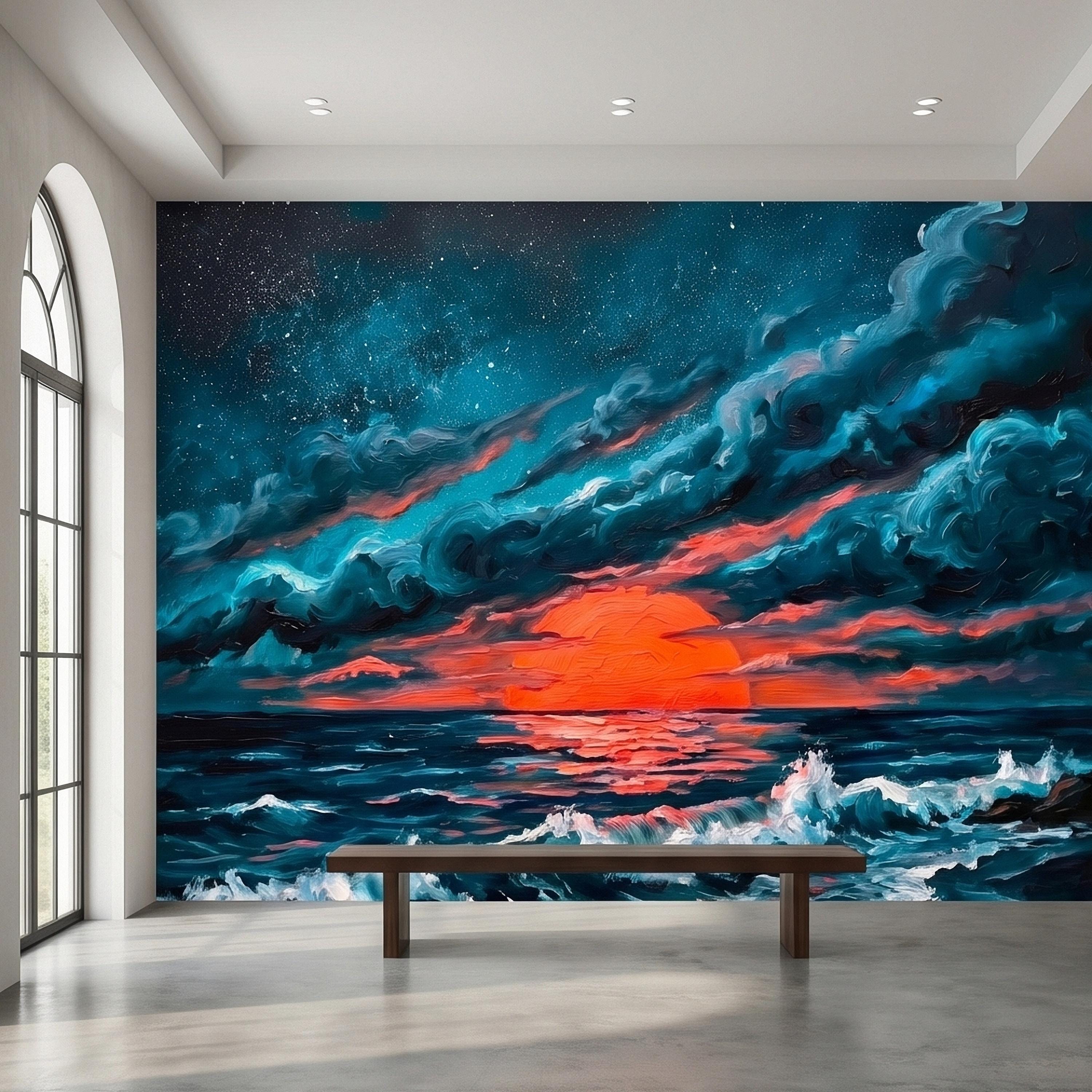 Dramatic Ocean Sunset Seascape Peel and Stick Wall Mural Teal Midnight Waves Moody Starry Sky Red Sun Horizon Oil Painting Coastal Wallpaper