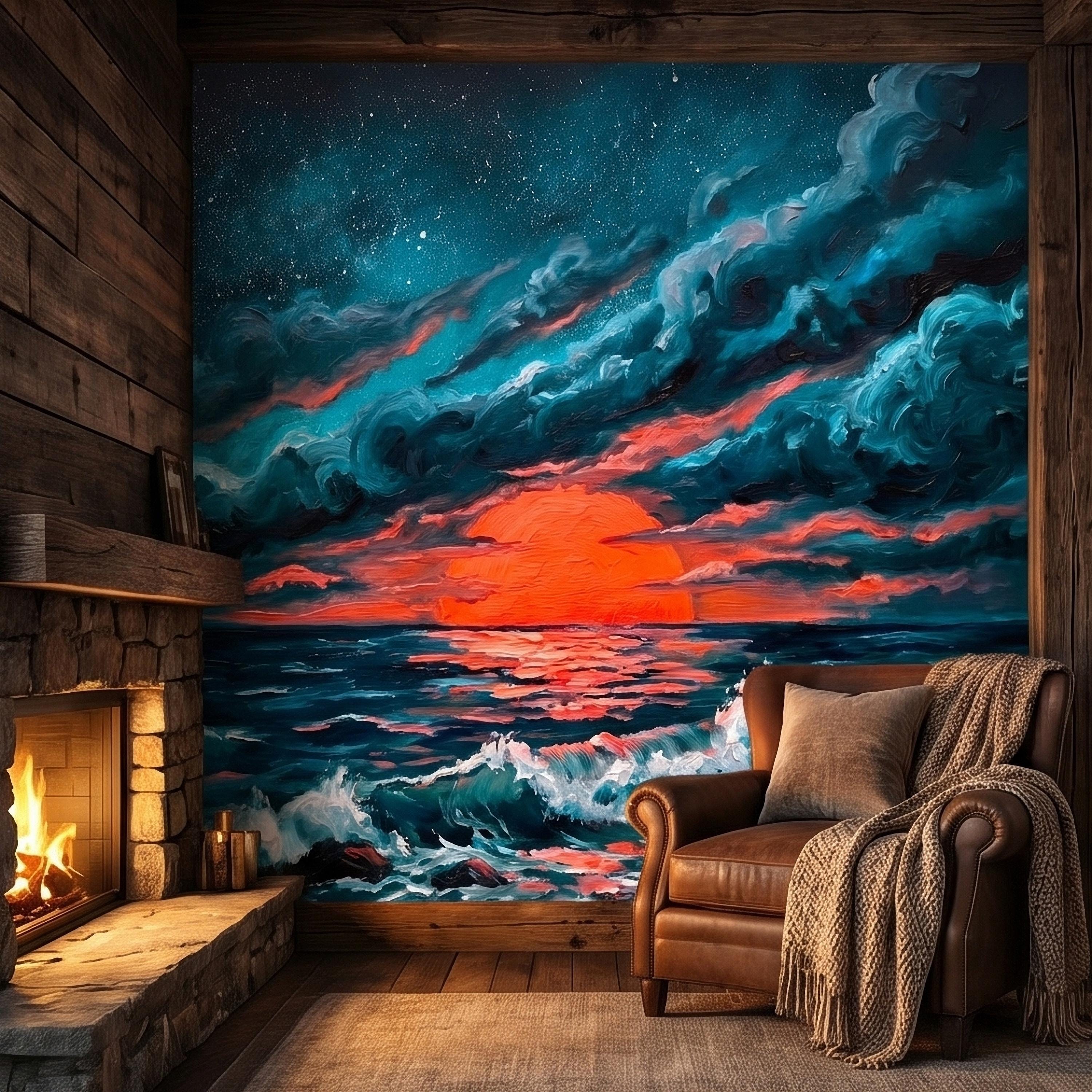 Dramatic Ocean Sunset Seascape Peel and Stick Wall Mural Teal Midnight Waves Moody Starry Sky Red Sun Horizon Oil Painting Coastal Wallpaper