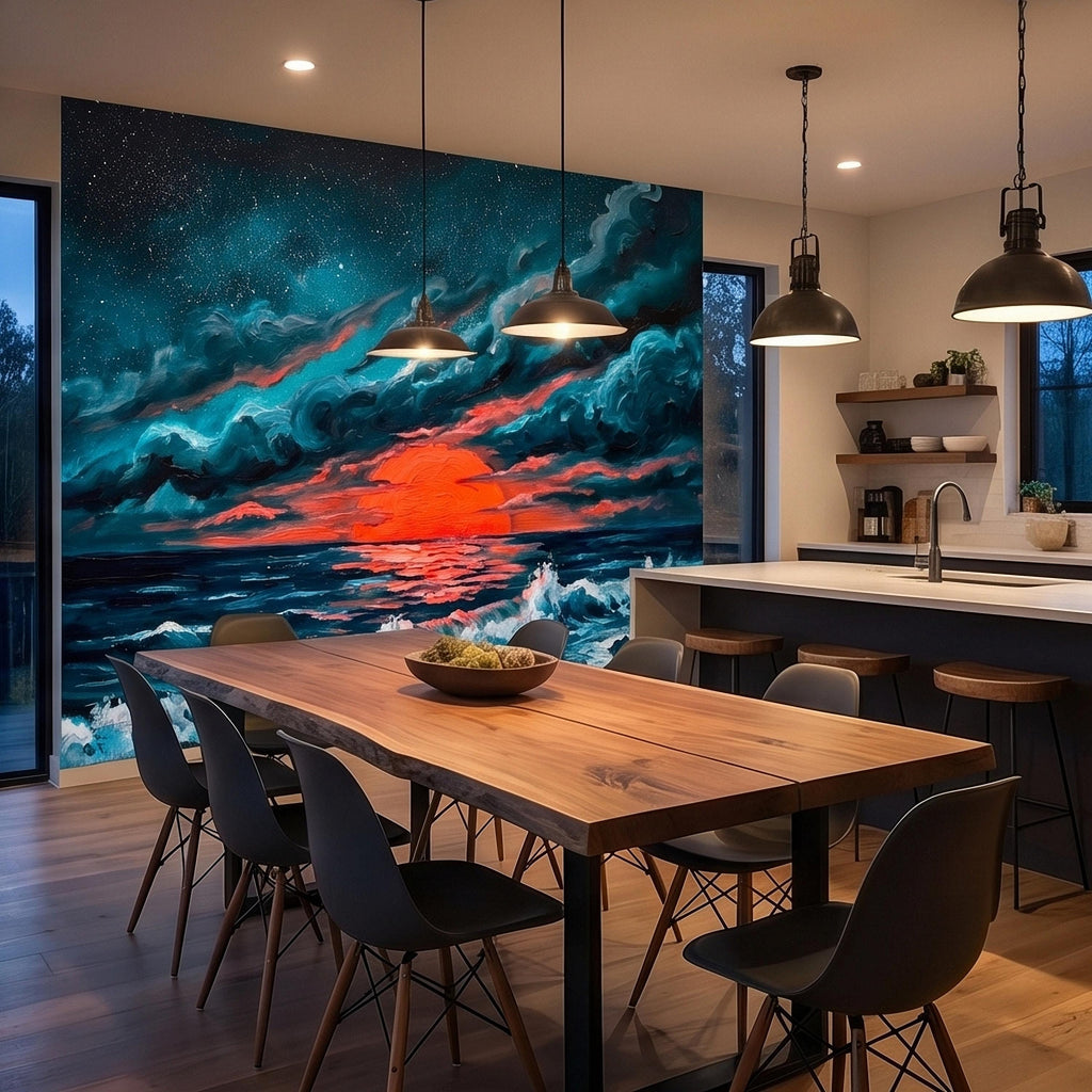 Dramatic Ocean Sunset Seascape Peel and Stick Wall Mural Teal Midnight Waves Moody Starry Sky Red Sun Horizon Oil Painting Coastal Wallpaper