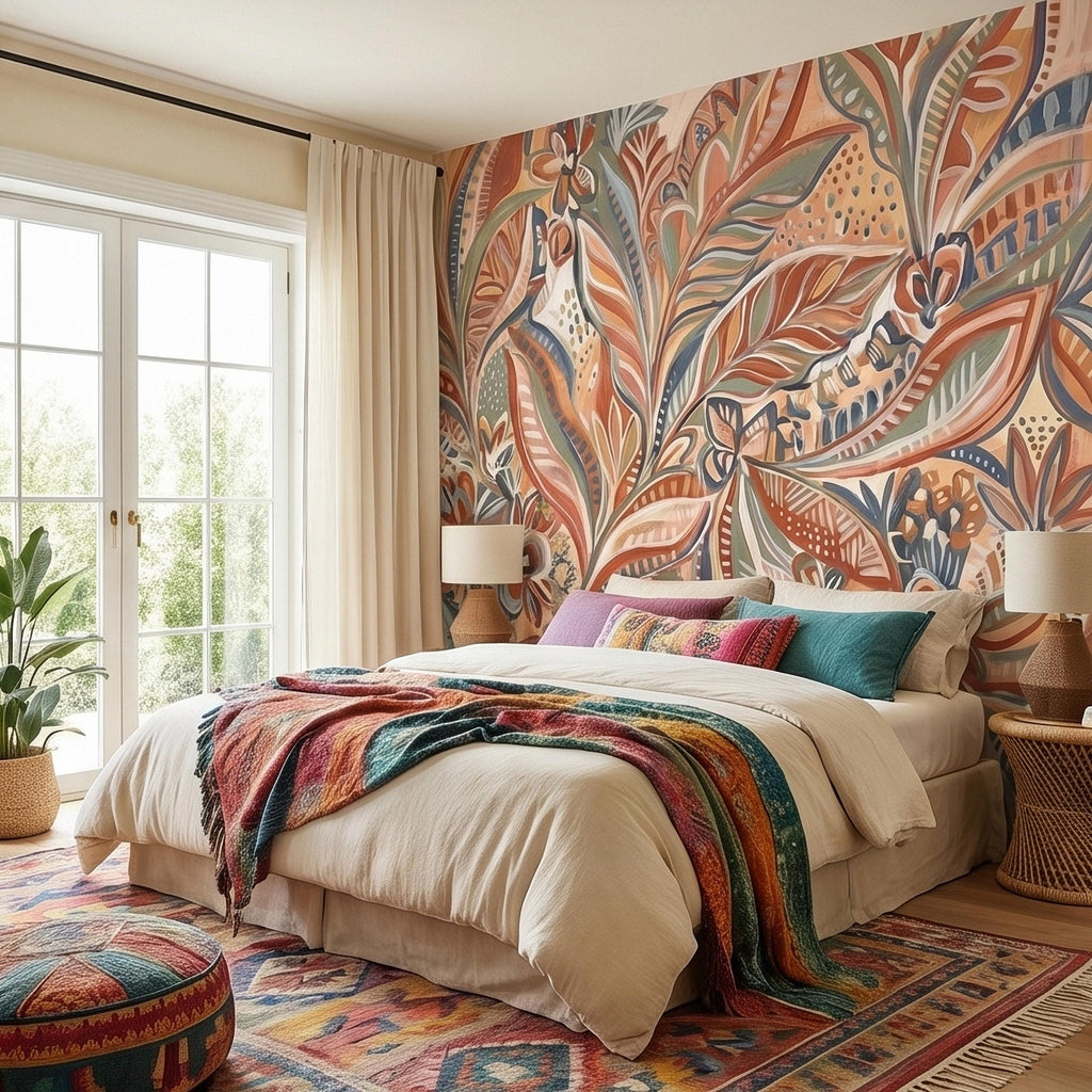 Boho Abstract Botanical Peel and Stick Wall Mural, Terracotta Sage Blush Tropical Leaves Floral Pattern Modern Earthy Hand Painted Wallpaper