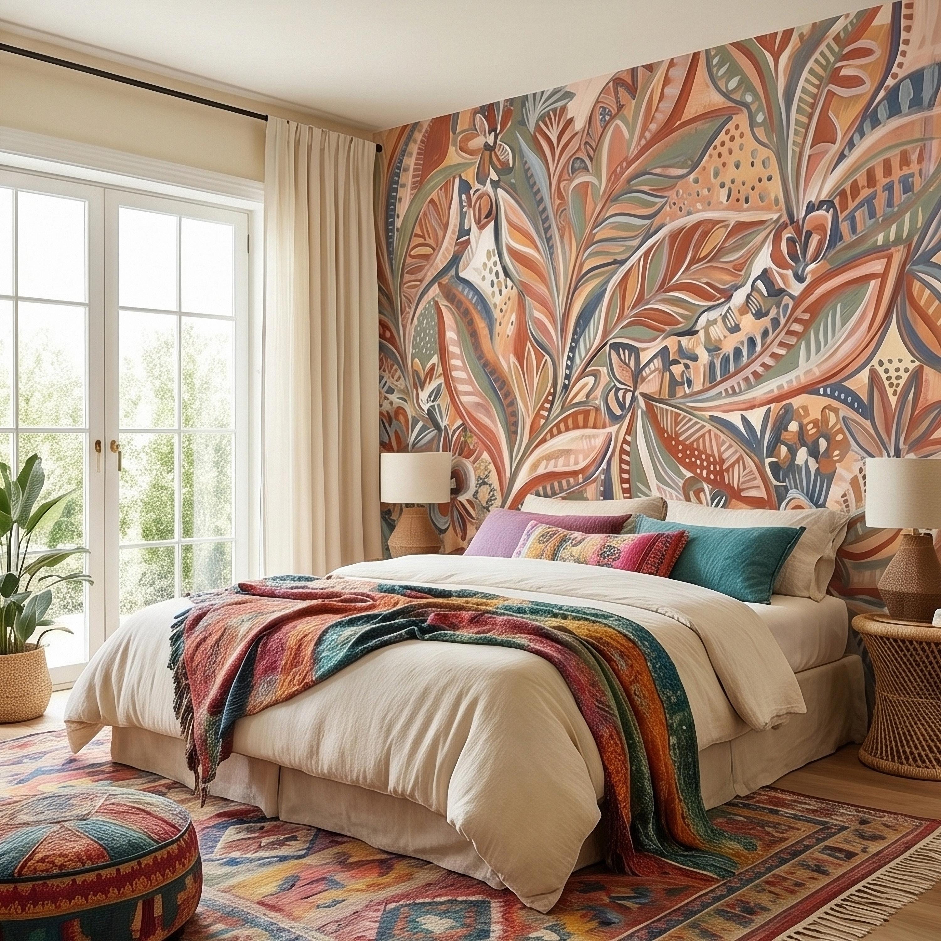 Boho Abstract Botanical Peel and Stick Wall Mural, Terracotta Sage Blush Tropical Leaves Floral Pattern Modern Earthy Hand Painted Wallpaper